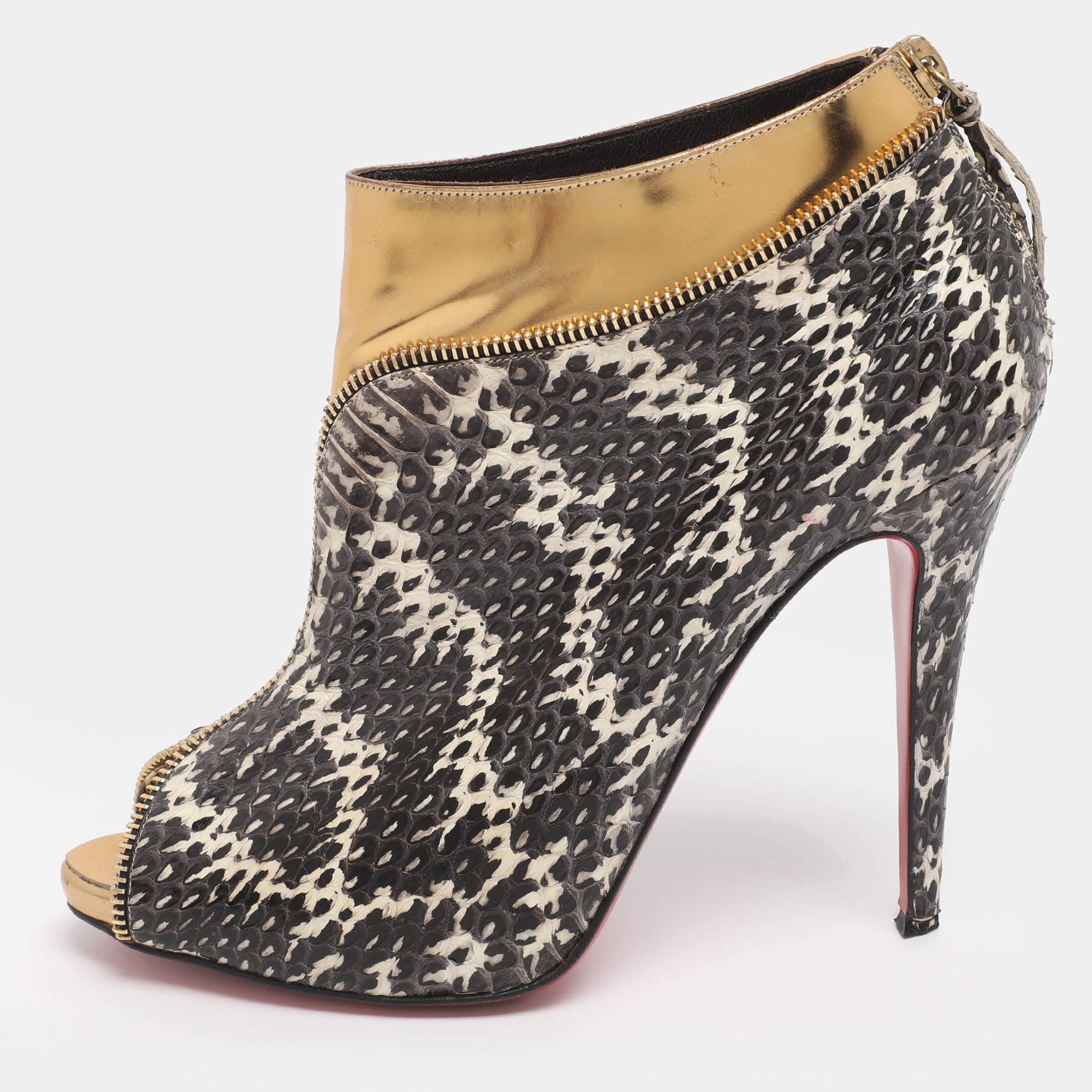 Pre Owned Christian Louboutin Grey/Gold Foil Leather and Python Leather Col Zippe Booties Size 40