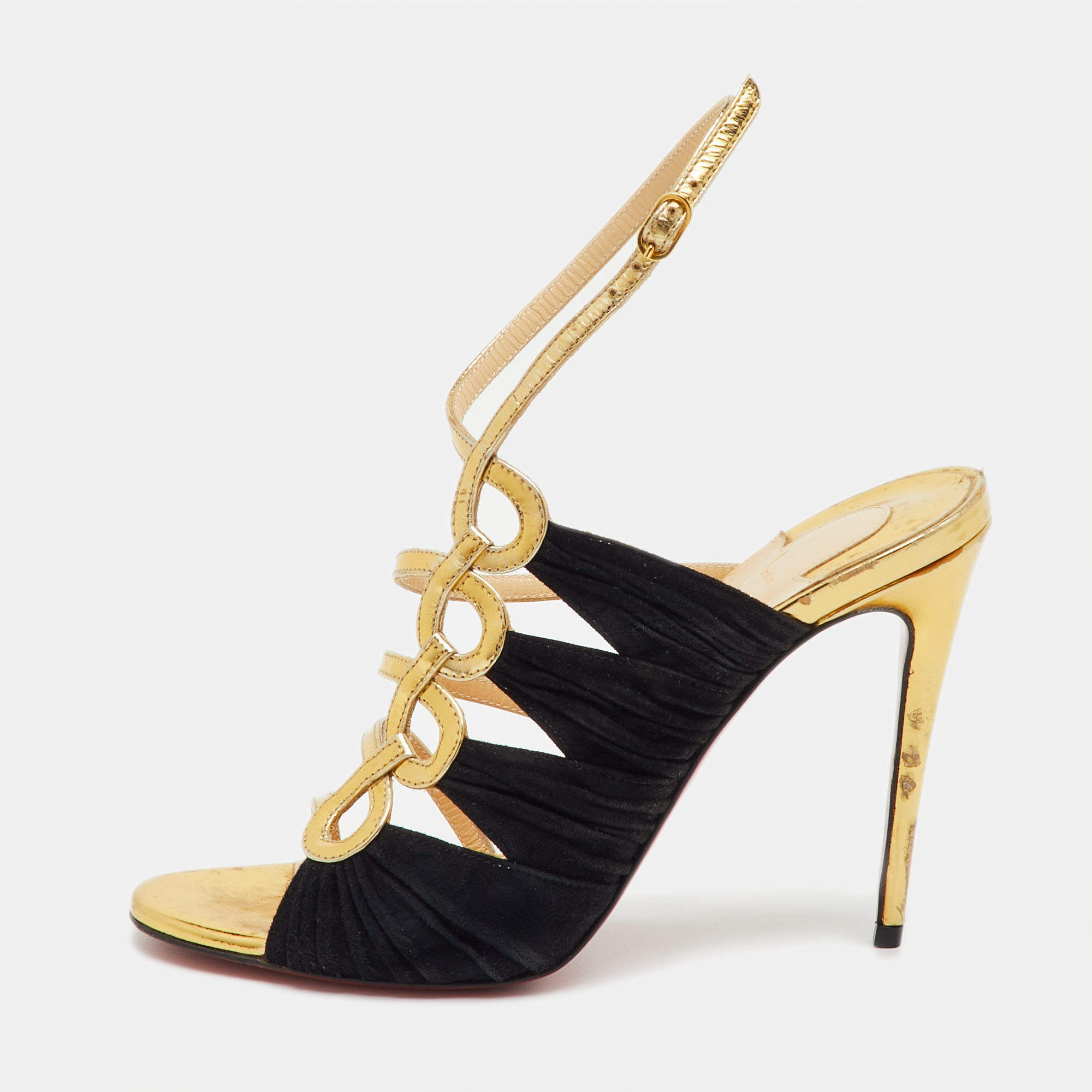 Pre Owned Christian Louboutin Gold/Black Patent Leather and Suede Tina Cage Sandals Size 36.5