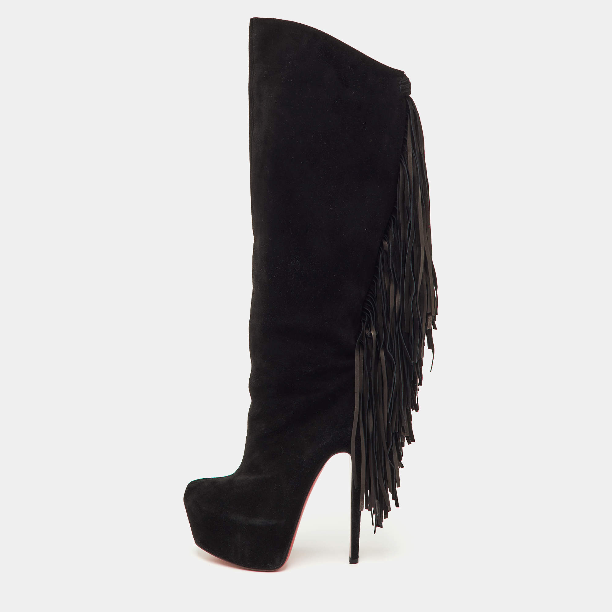 Pre Owned Christian Louboutin Interlopa Fringe Size 37 Black Suede Platform Knee Length Boots