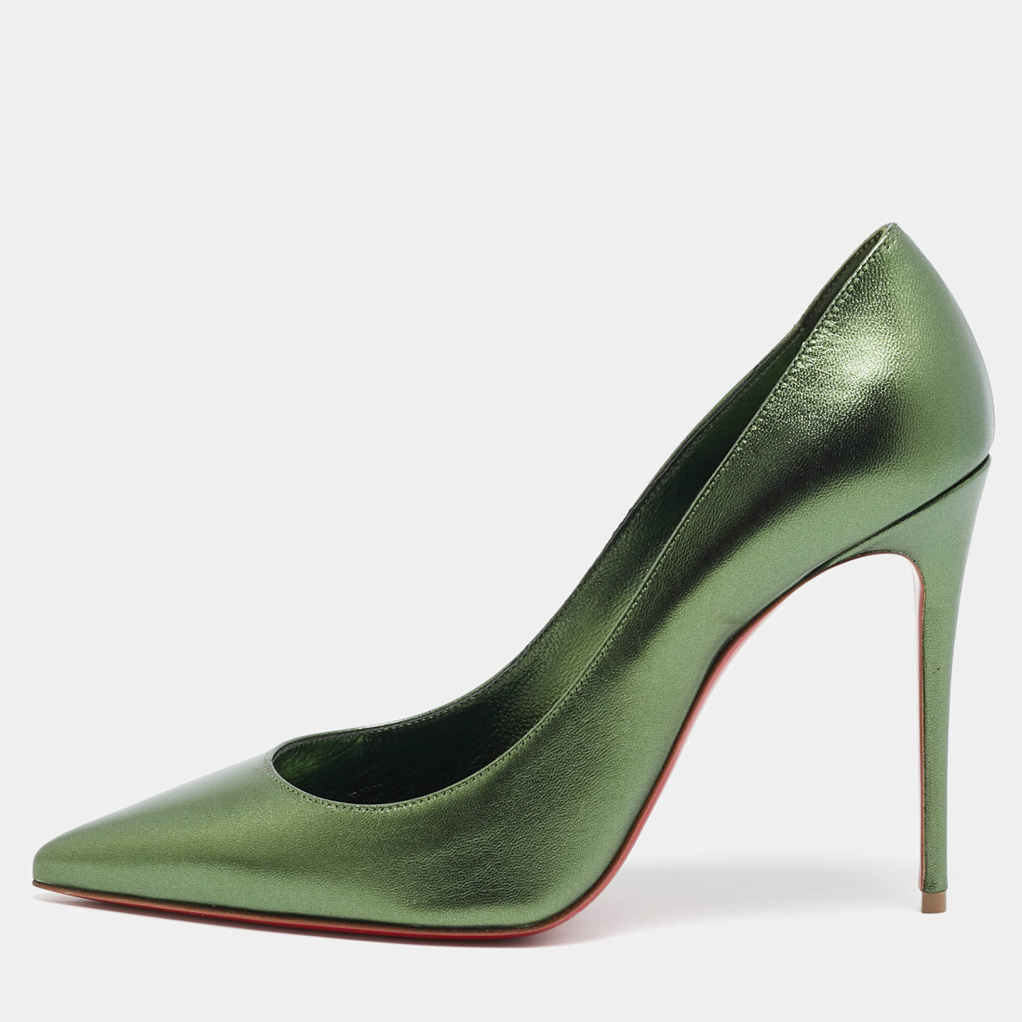 Pre Owned Christian Louboutin Kate 100 Size 38 Metallic Green Leather Pumps