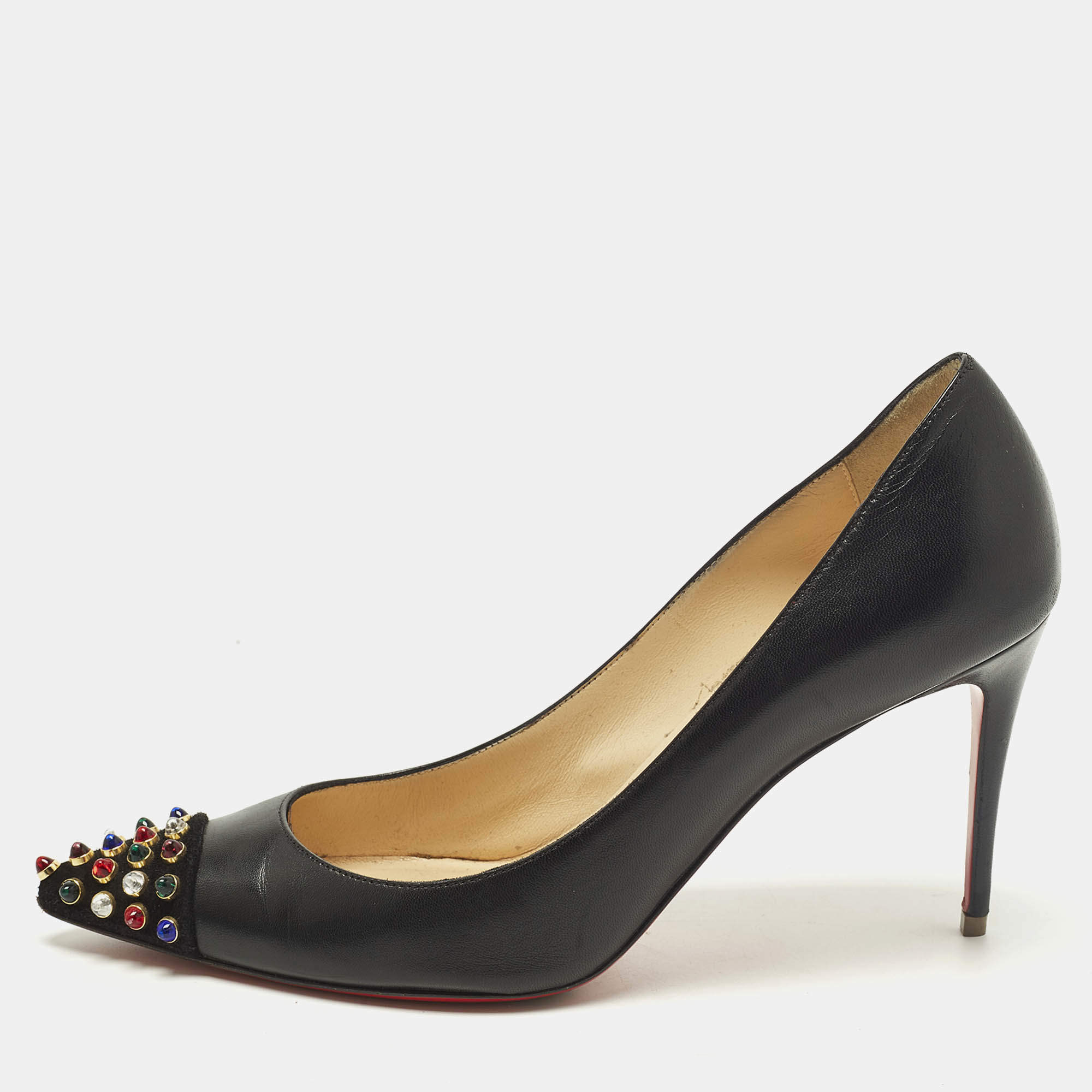 Pre Owned Christian Louboutin Studded Cabo Size 38 Black Leather and Suede Pumps