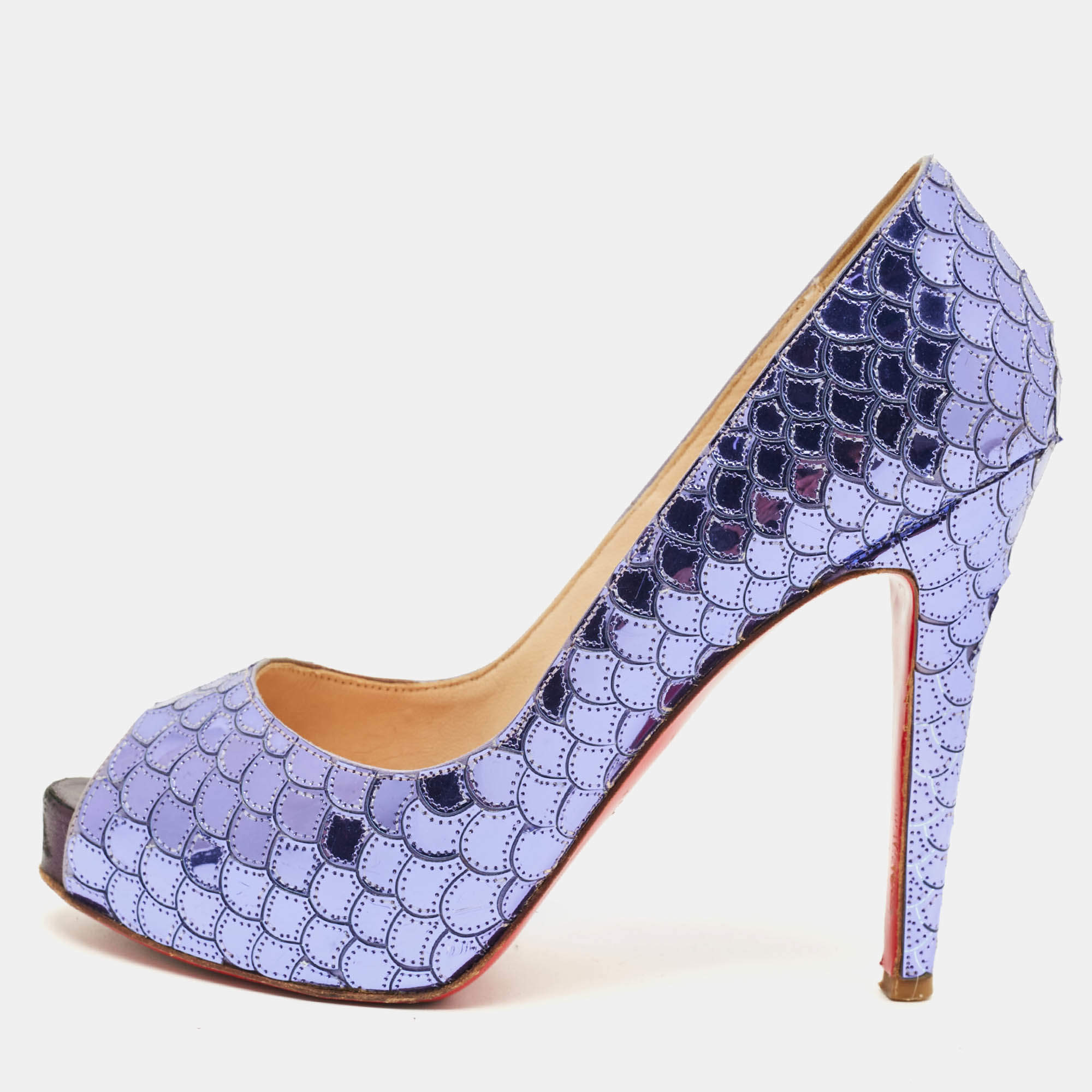 Pre Owned Christian Louboutin Poseidon Size 36.5 Purple Scaled Leather Peep Toe Pumps