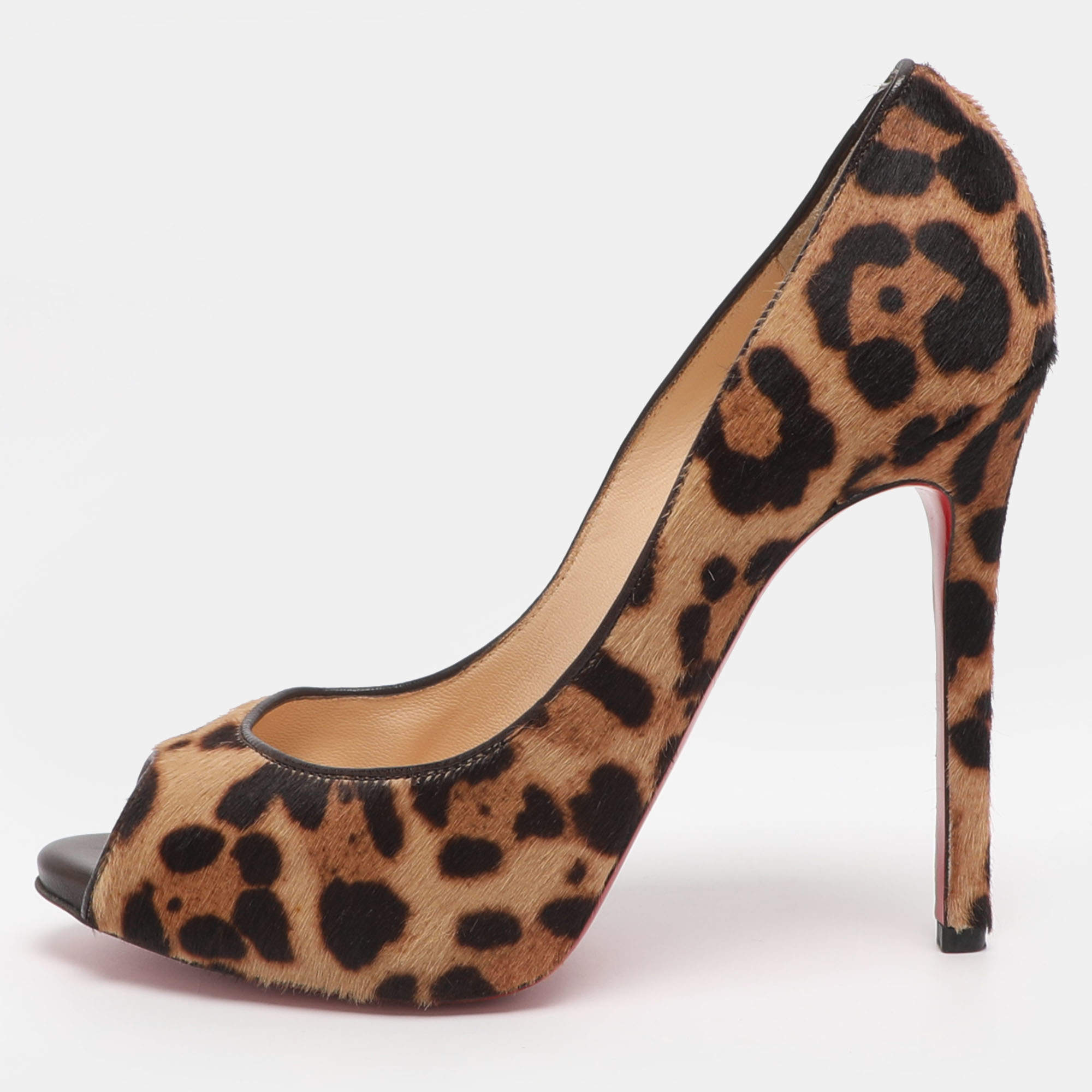 Pre Owned Christian Louboutin Maryl Size 38.5 Beige/Brown Leopard Calf Hair Peep Toe Pumps