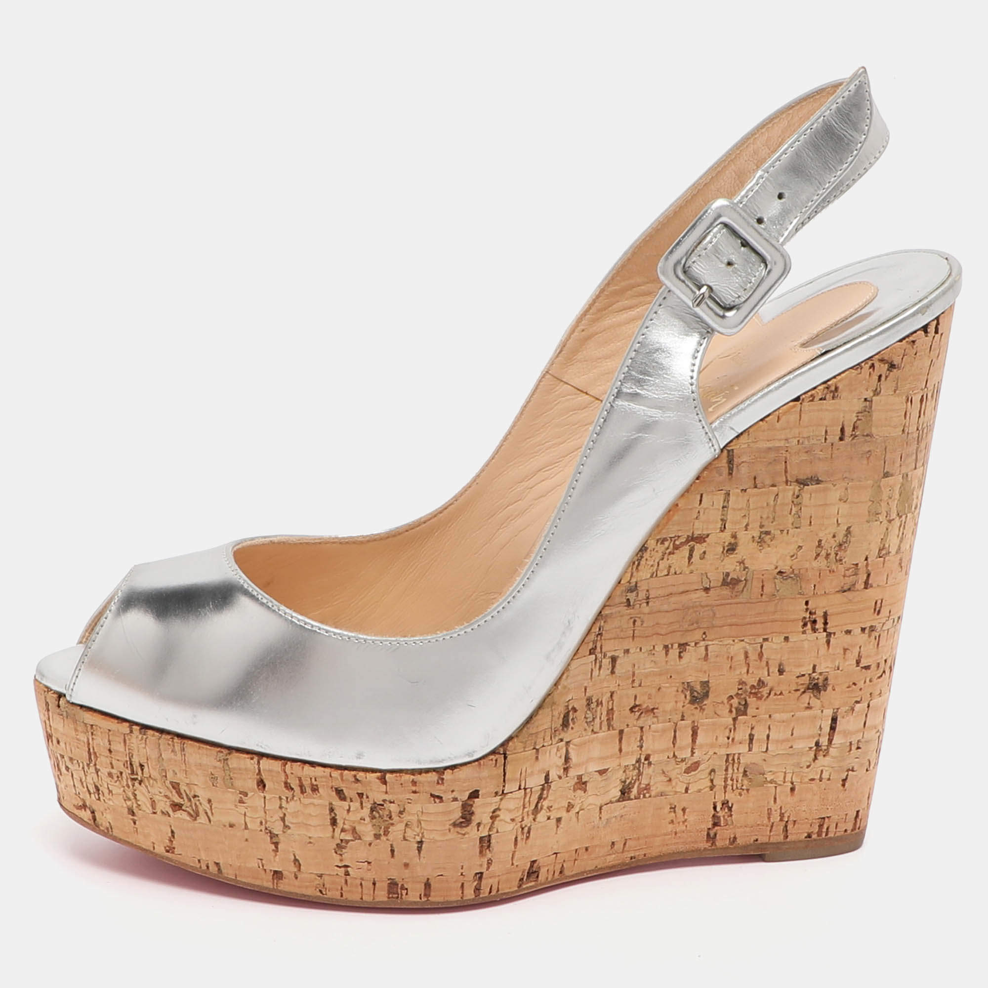 Pre Owned Christian Louboutin Une Plume Size 40.5 Silver Leather Cork Wedge Slingback Sandals