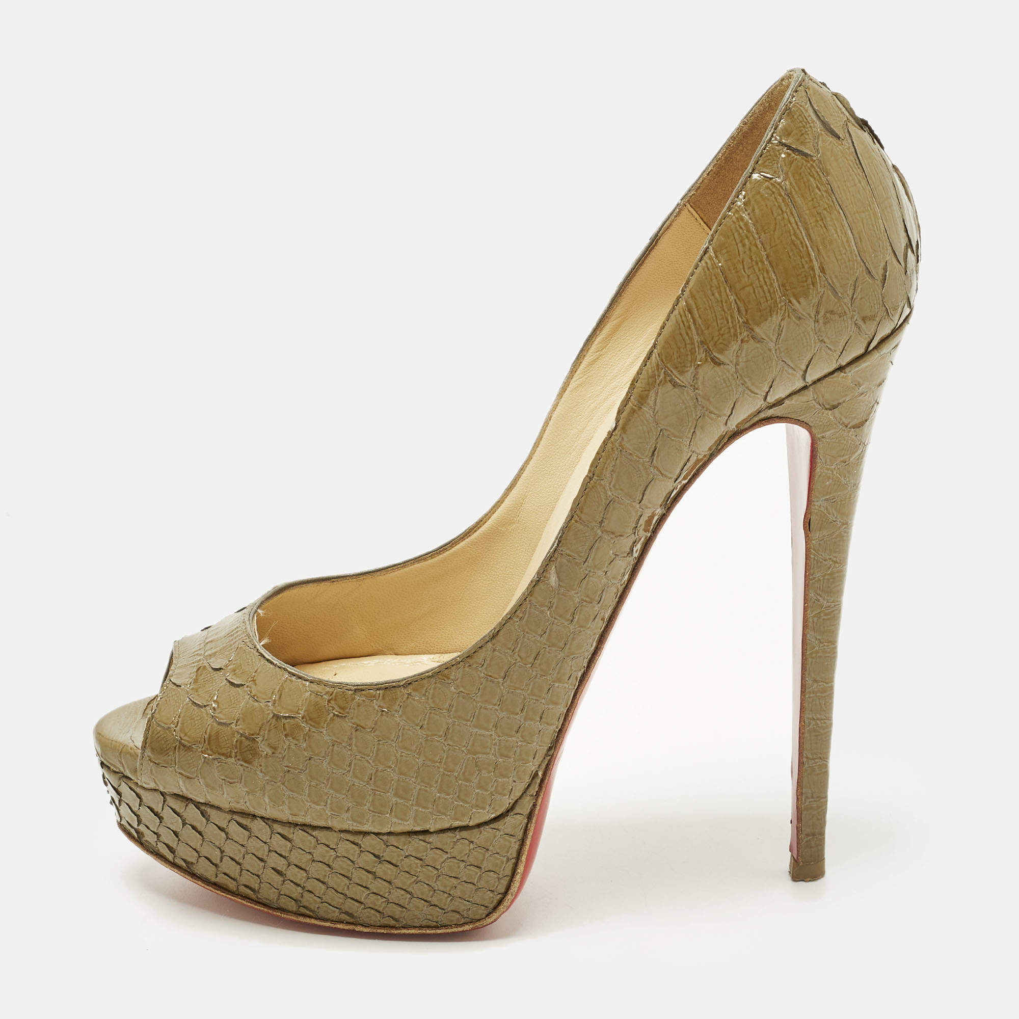 مملوكة مسبقًا Christian Louboutin Lady Peep Size 38.5 Green Python Leather Peep Toe Pumps