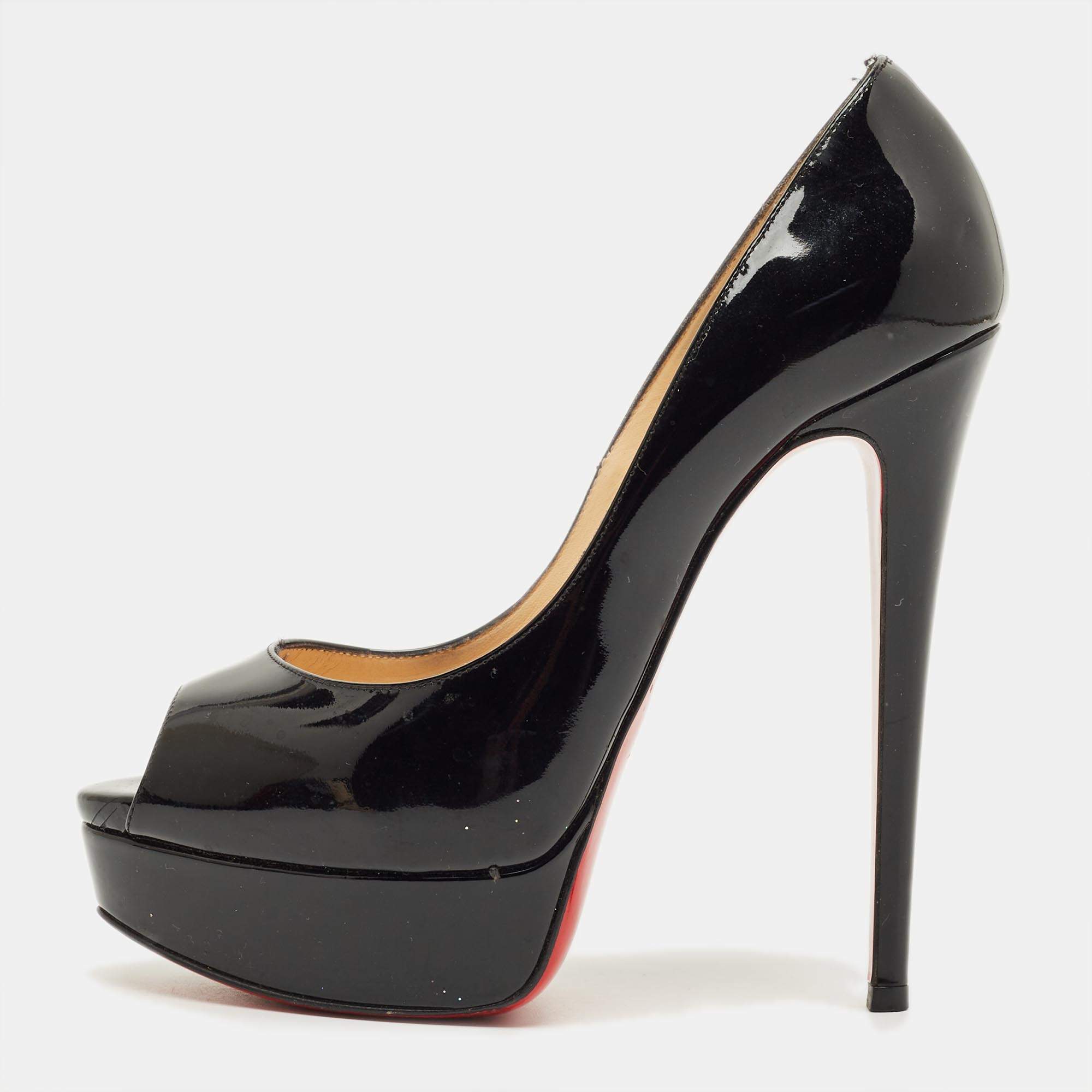 Pre Owned Christian Louboutin Lady Peep Size 37 Black Patent Leather Platform Pumps