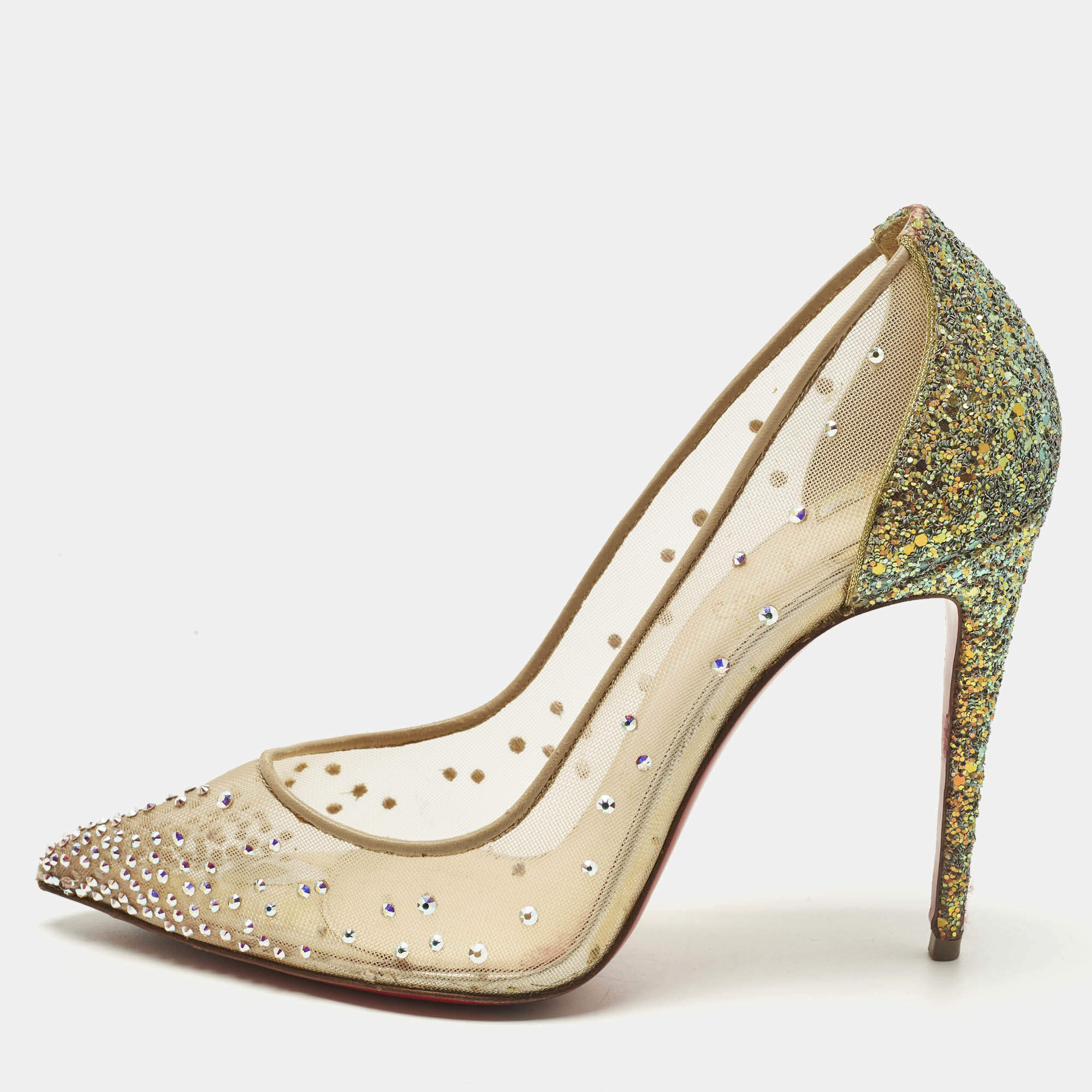 مملوكة مسبقًا حذاء كعب عالي كريستيان لوبوتان مزخرف كريستال مرصع فوليس جلد و شبكة ذهبي مقاس 38.5