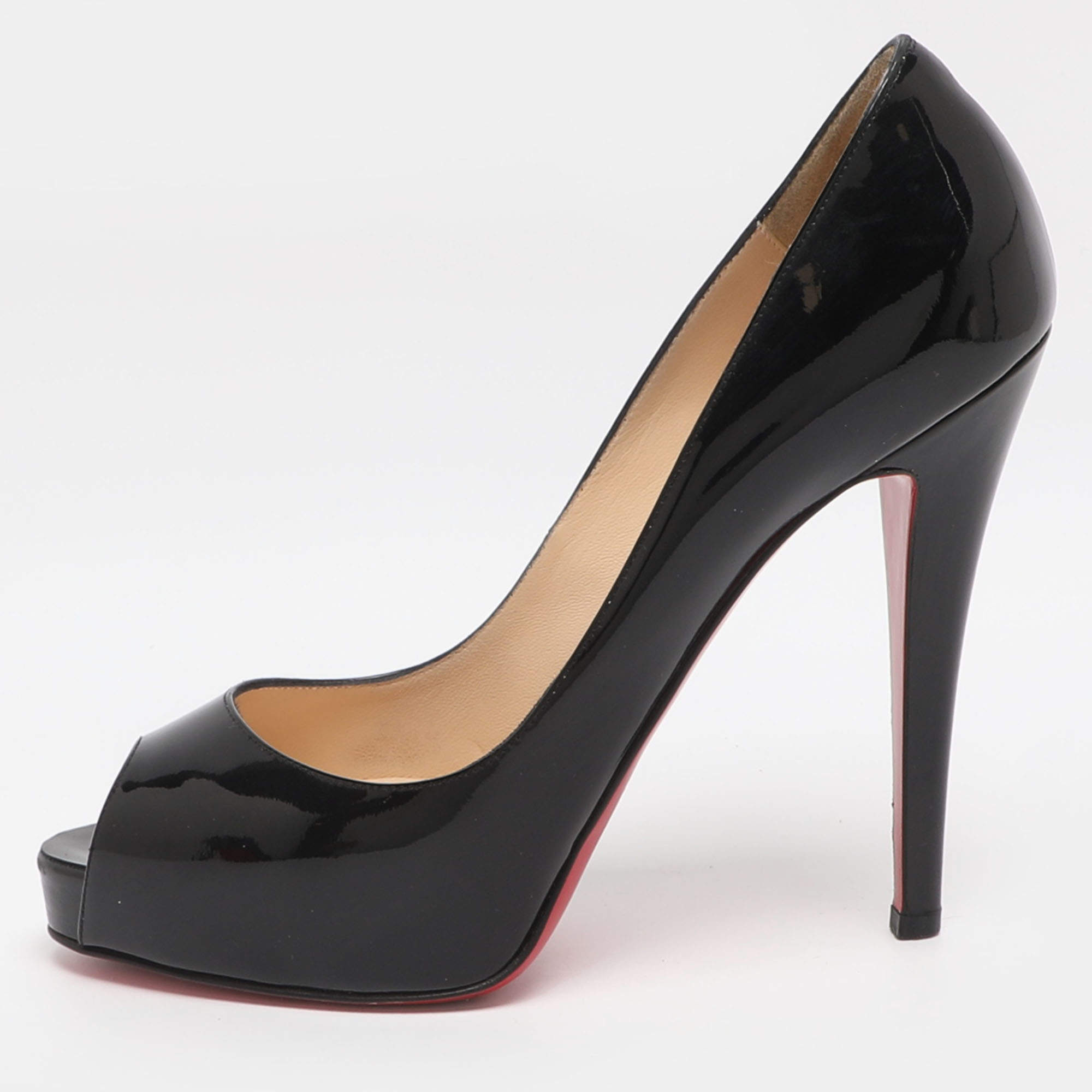 Pre Owned Christian Louboutin Very Prive Size 38 Black Patent Leather Peep Toe Pumps