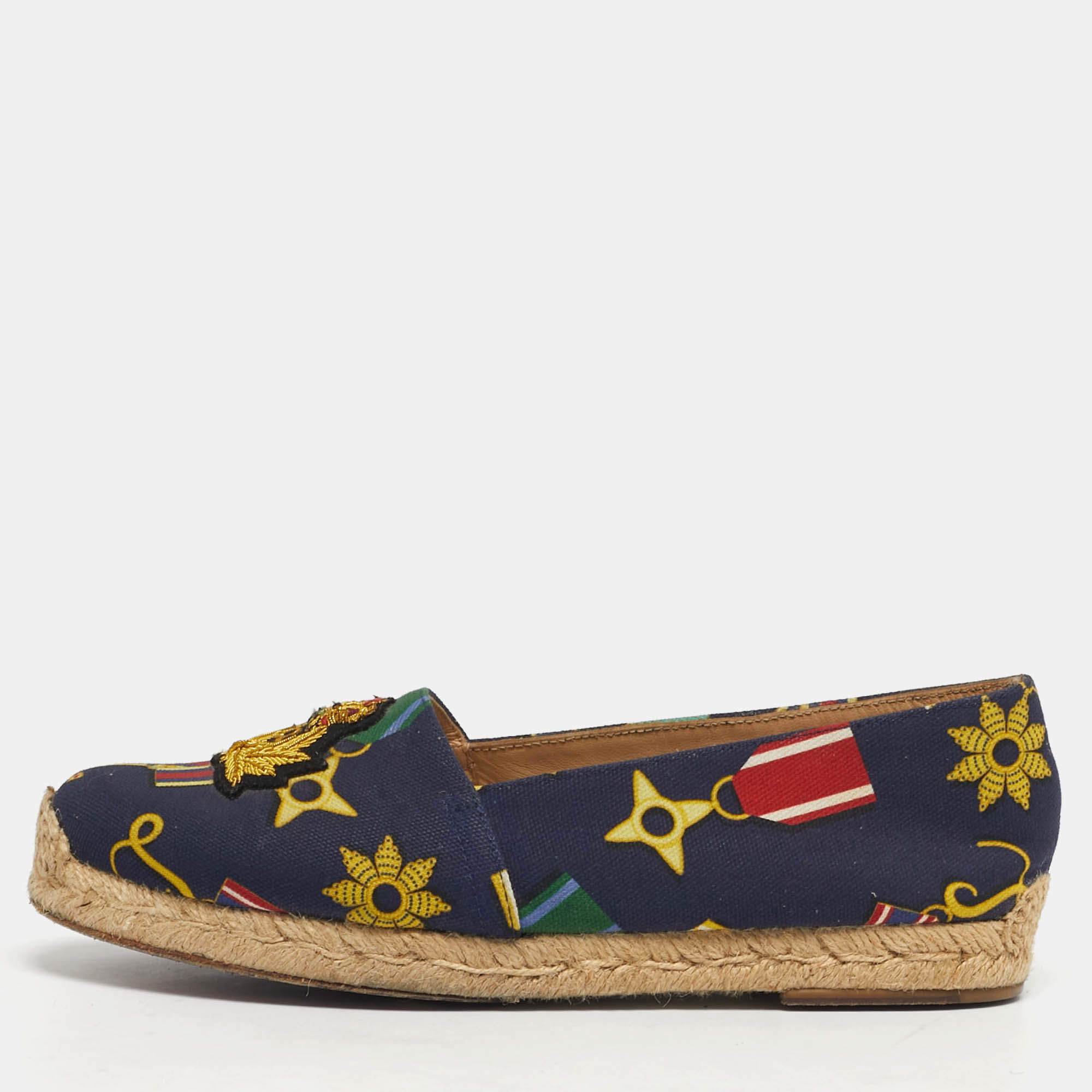 مملوكة مسبقًا Christian Louboutin Gala Size 36 Navy Blue Canvas Embroidered Crest Espadrille Flats