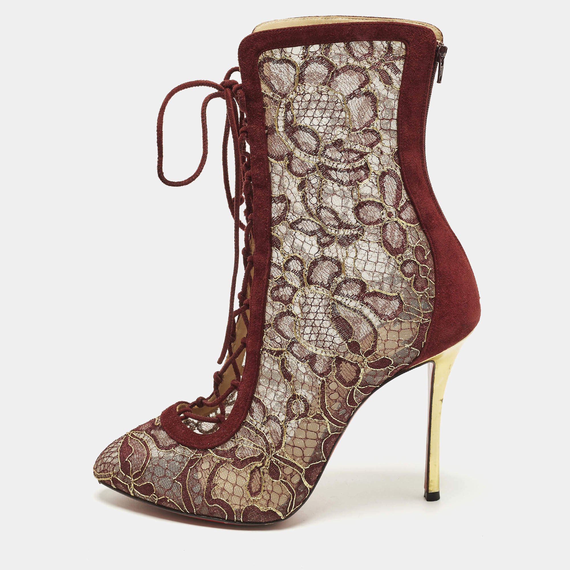 Pre Owned Christian Louboutin Size 40.5 Burgundy/Gold Flora Lace and Suede Ankle Length Boots