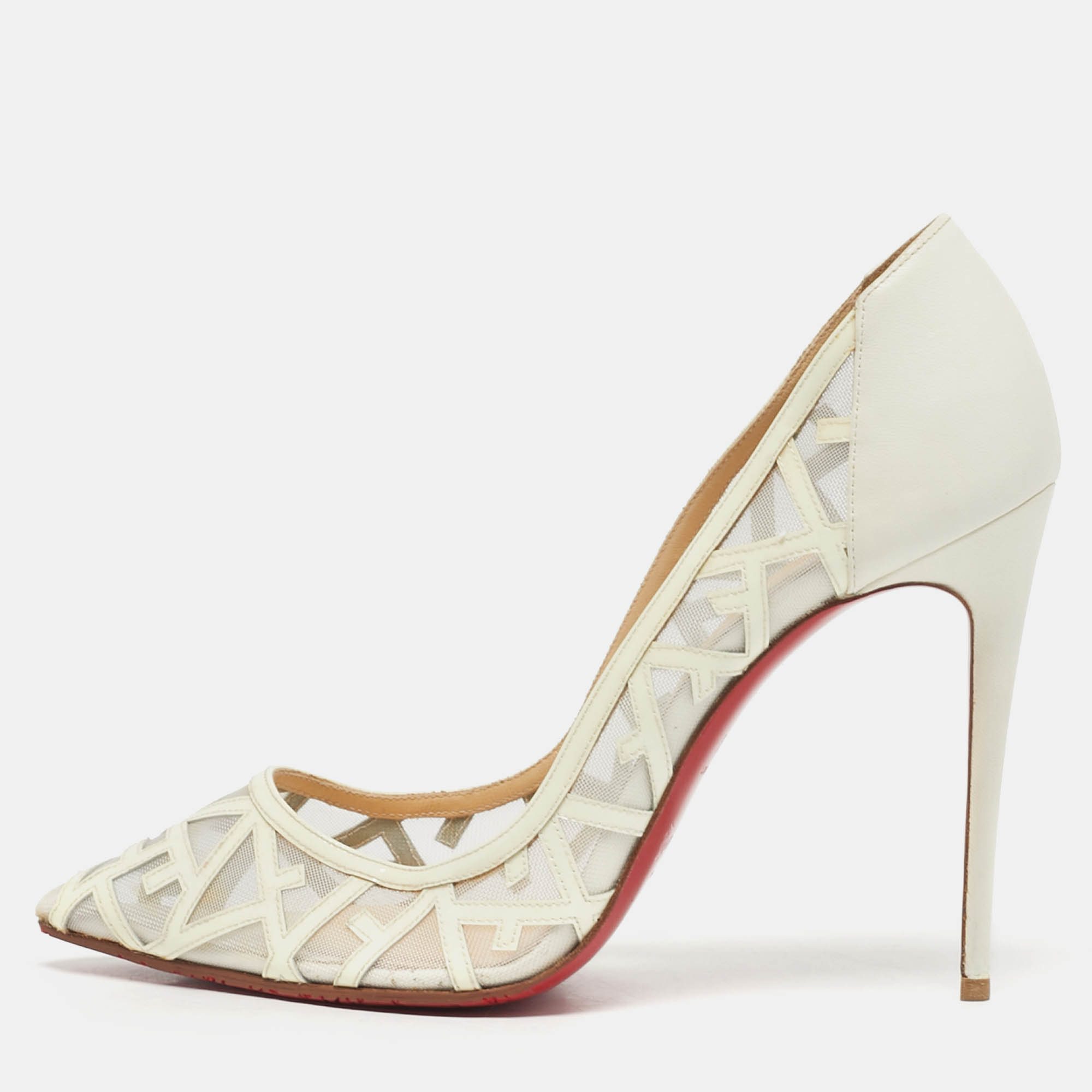 Pre Owned Christian Louboutin Tititata Size 39.5 Cream Mesh and Leather Pumps