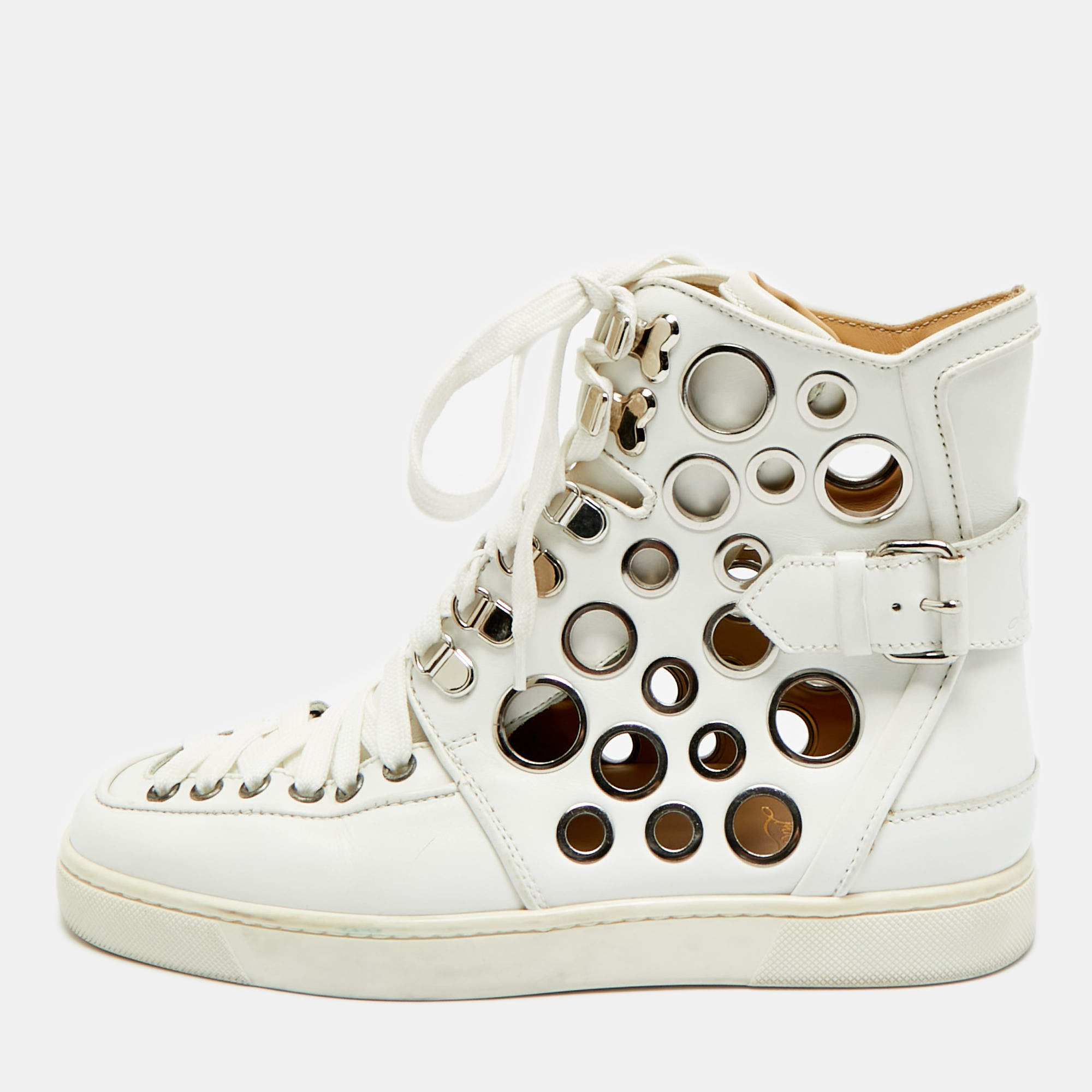 مملوكة مسبقًا Christian Louboutin Alfibully Size 39 White Leather and Metal High Top Sneakers