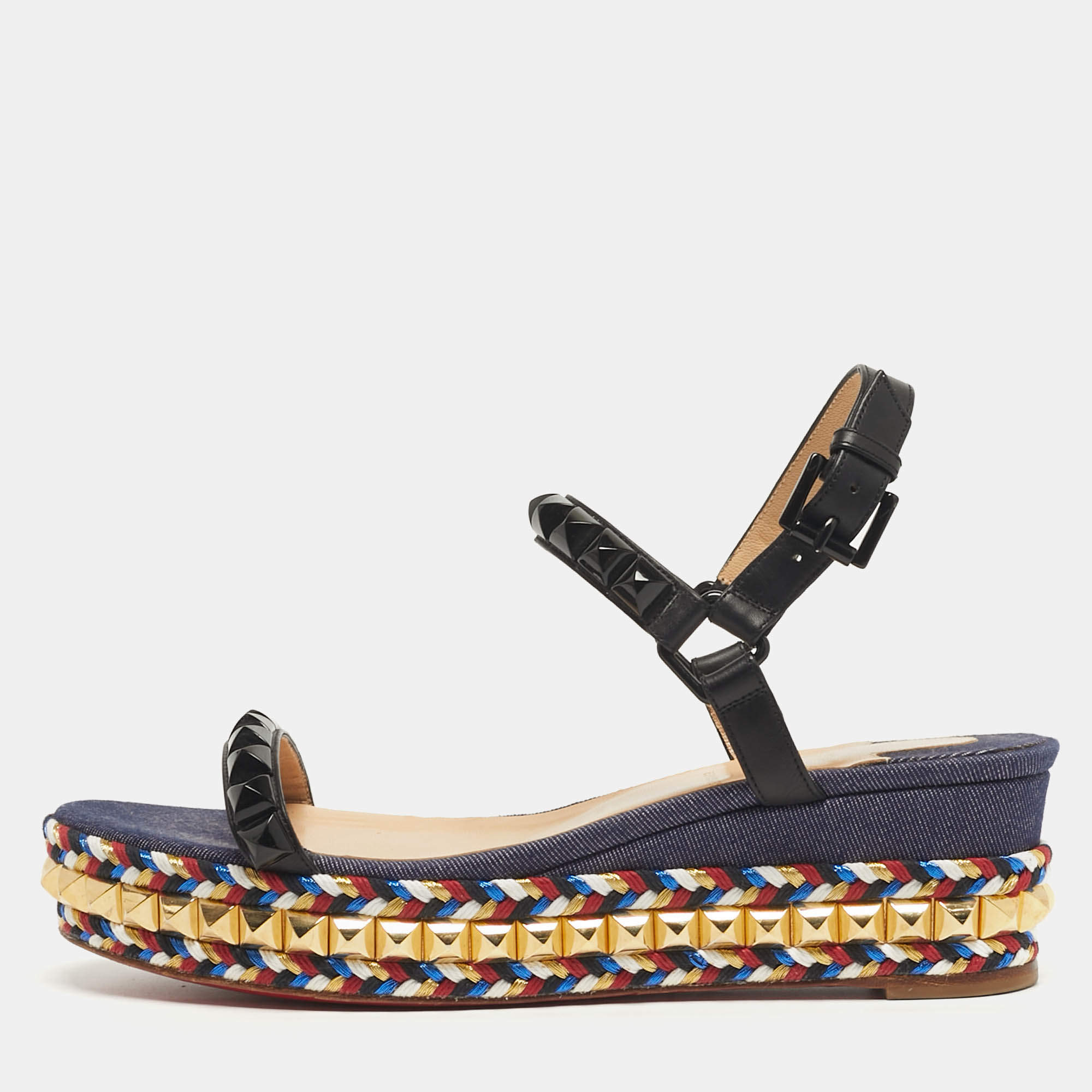 Pre Owned Christian Louboutin Pyraclou Size 38 Black/Blue Denim and Leather Platform Sandals