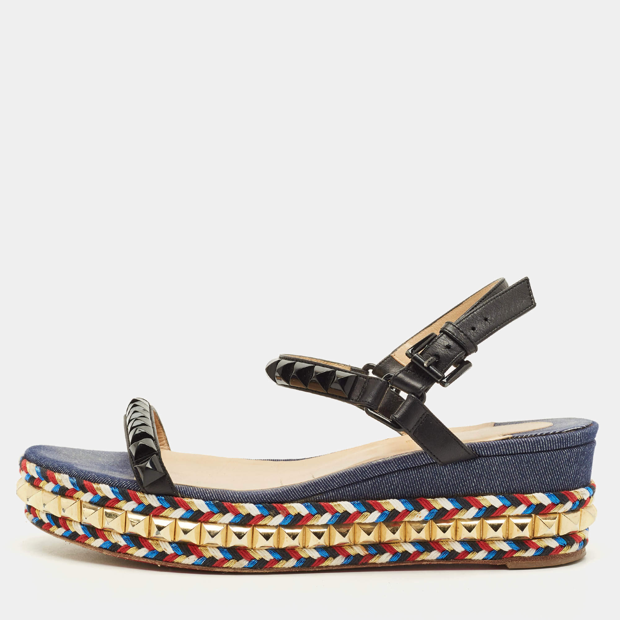 مملوكة مسبقًا Christian Louboutin Pyraclou Size 40 Multicolor Denim and Leather Studded Ankle Strap Platform Sandals