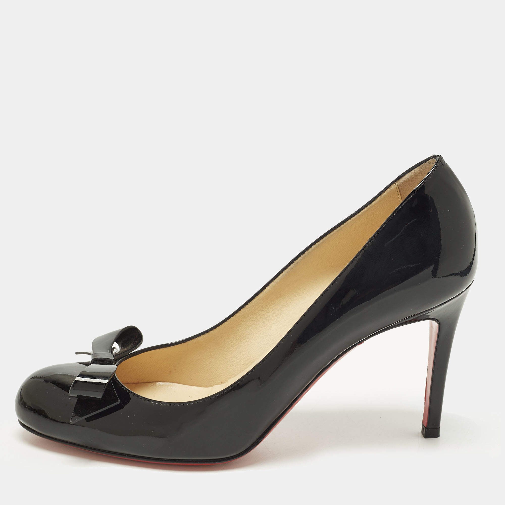 Pre Owned Christian Louboutin Simplenodo Size 37 Black Patent Leather Bow Pumps