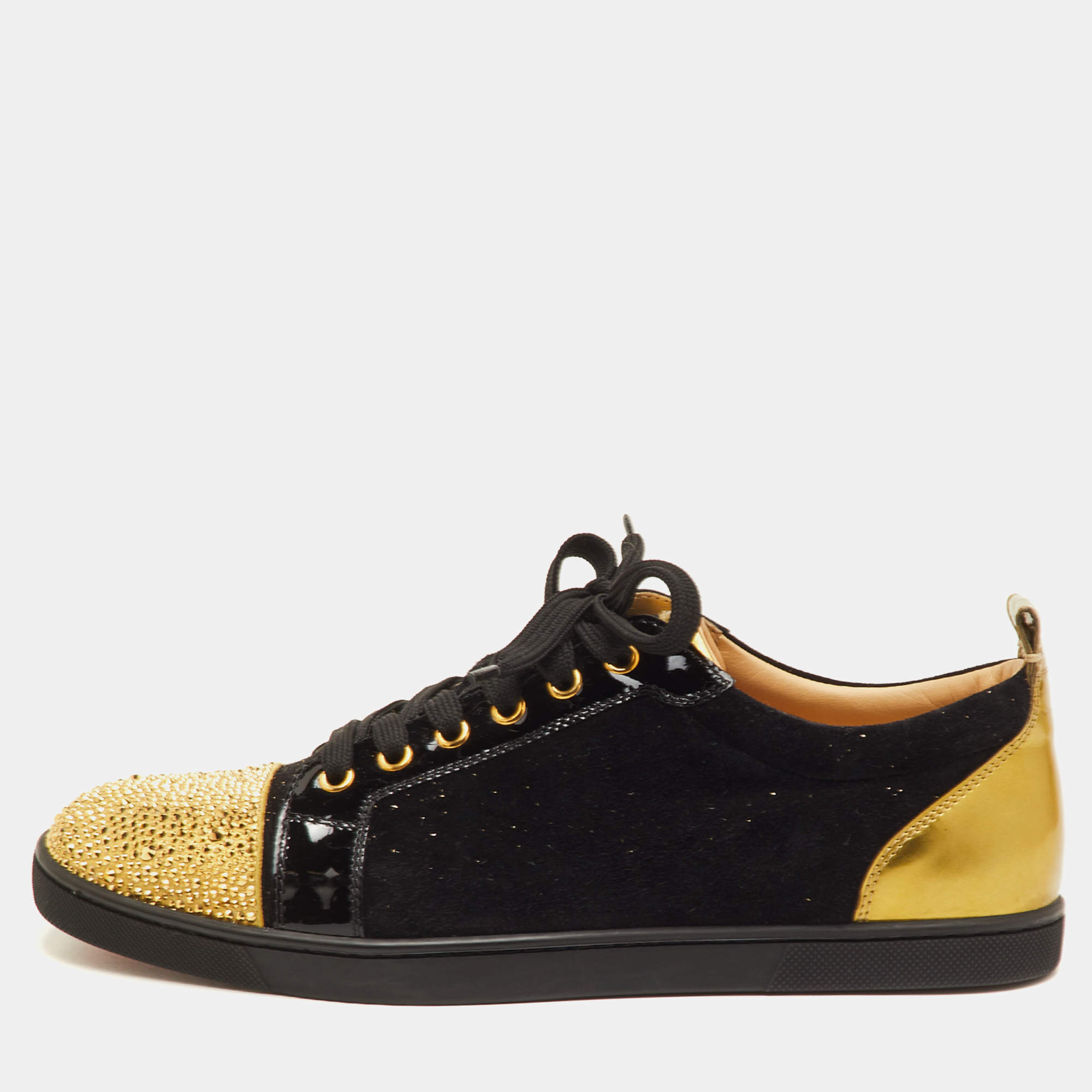 Pre Owned Christian Louboutin Gondola Strass Size 40.5 Black/Gold Suede and Patent Leather Low Top Sneakers
