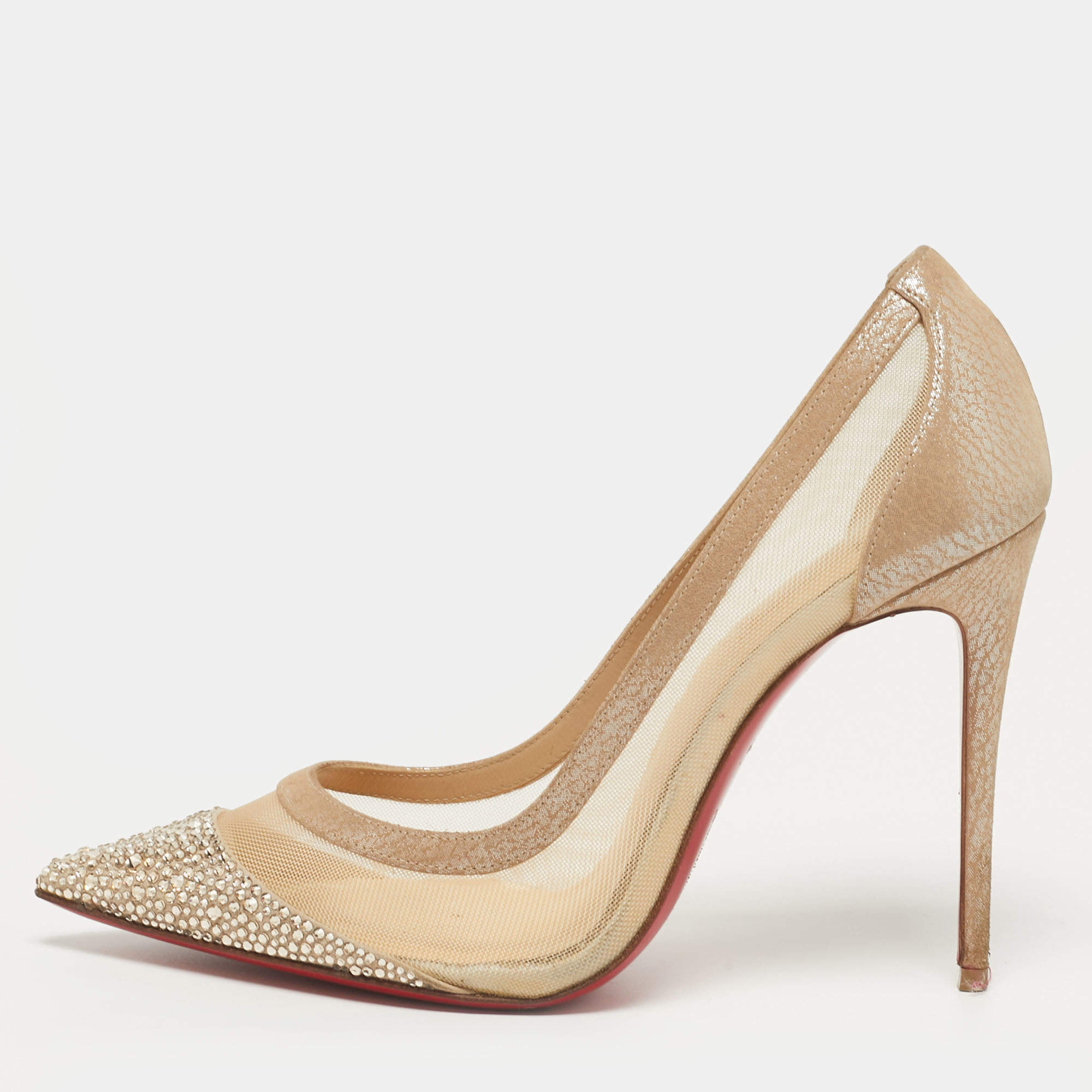 Pre Owned Christian Louboutin Galativi Strass Size 37 Beige Leather and Mesh Pumps
