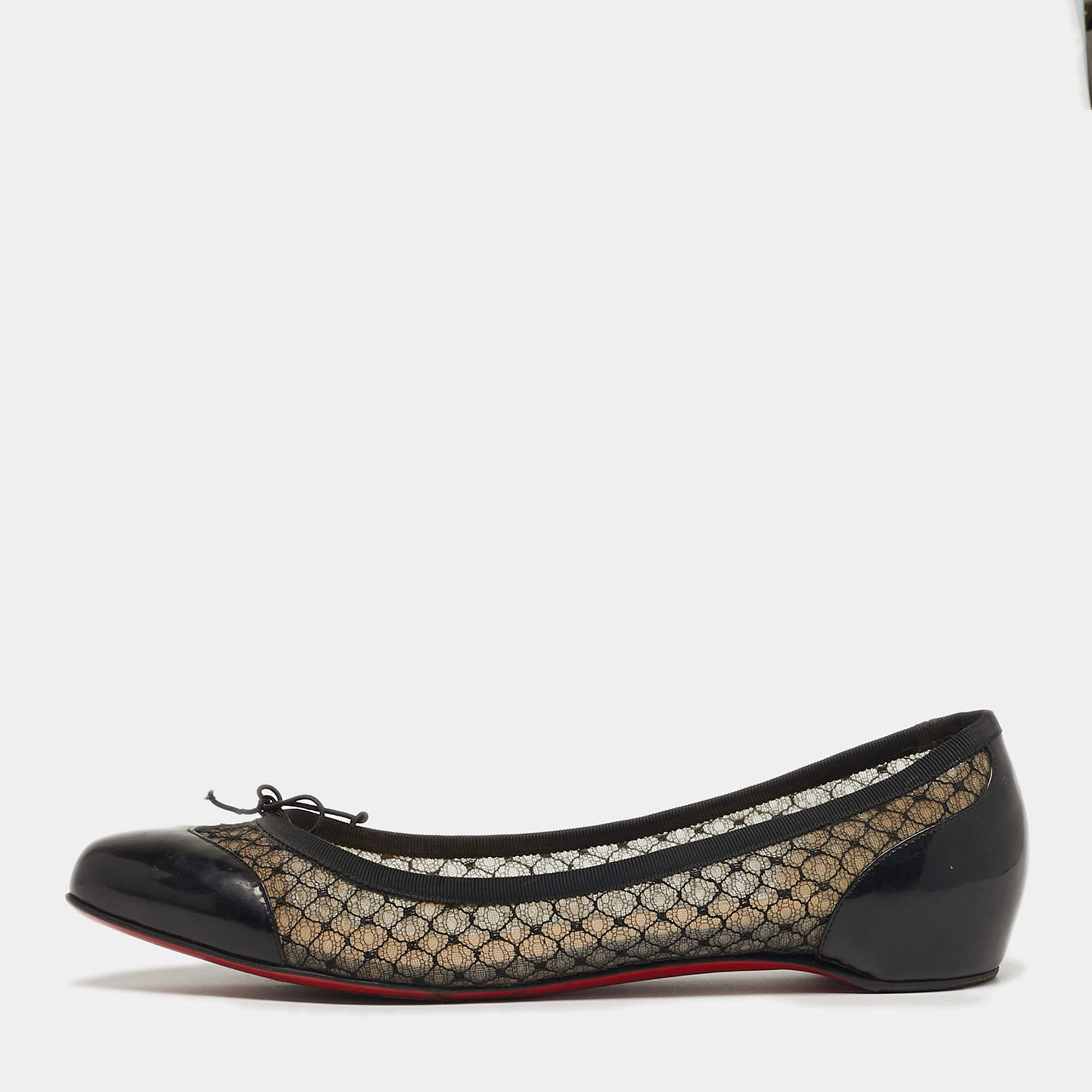 Pre Owned Christian Louboutin Miss Mix Size 41 Black Mesh and Patent Leather Ballet Flats