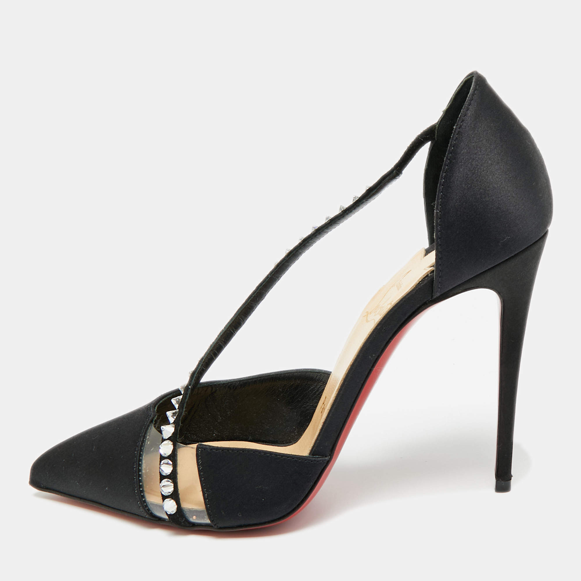 Pre Owned Christian Louboutin Krystal Cross Size 38 Black Satin D'orsay Pumps