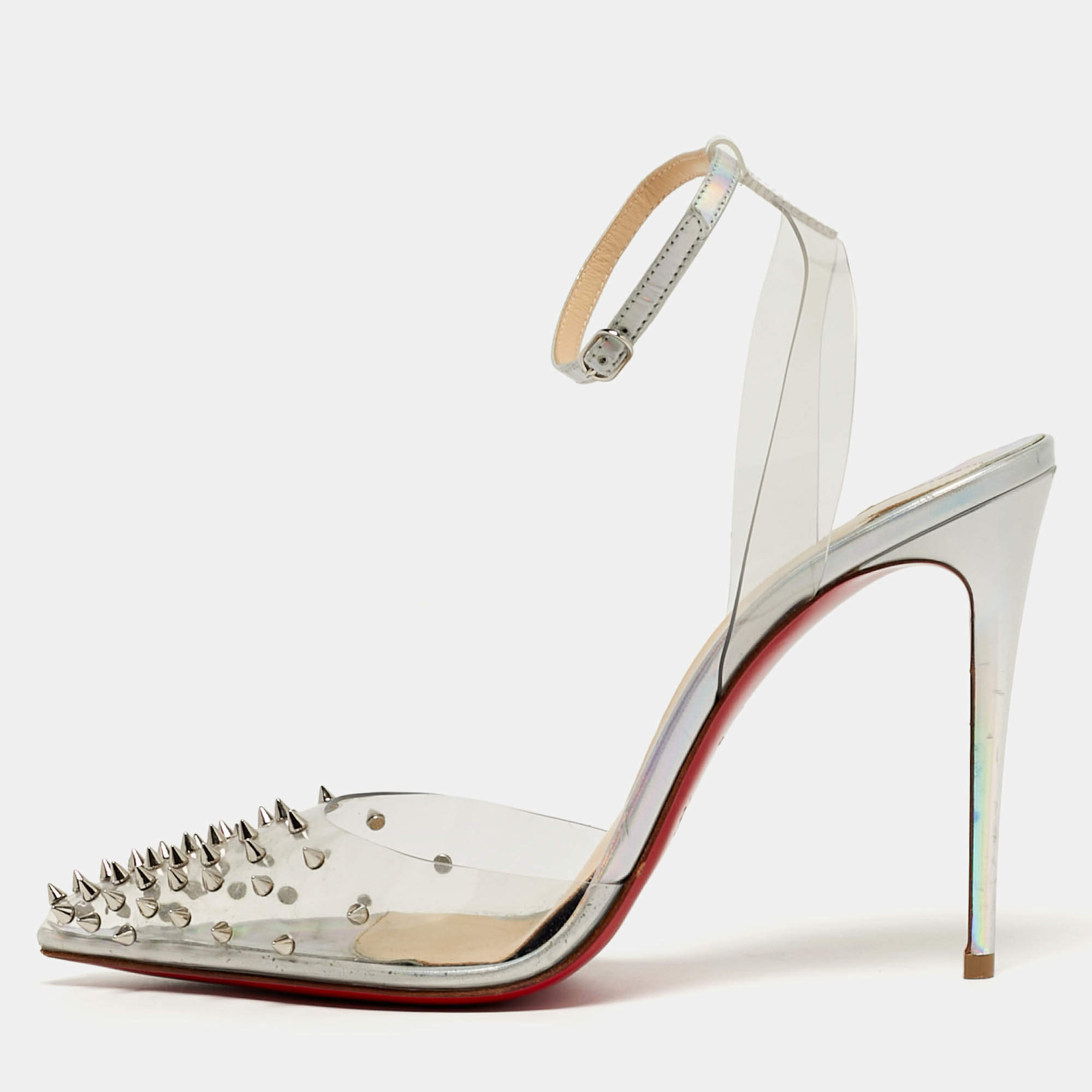 Pre Owned Christian Louboutin Spikoo Size 37.5 Transparent Iridescent Leather and PVC Ankle Strap Pumps