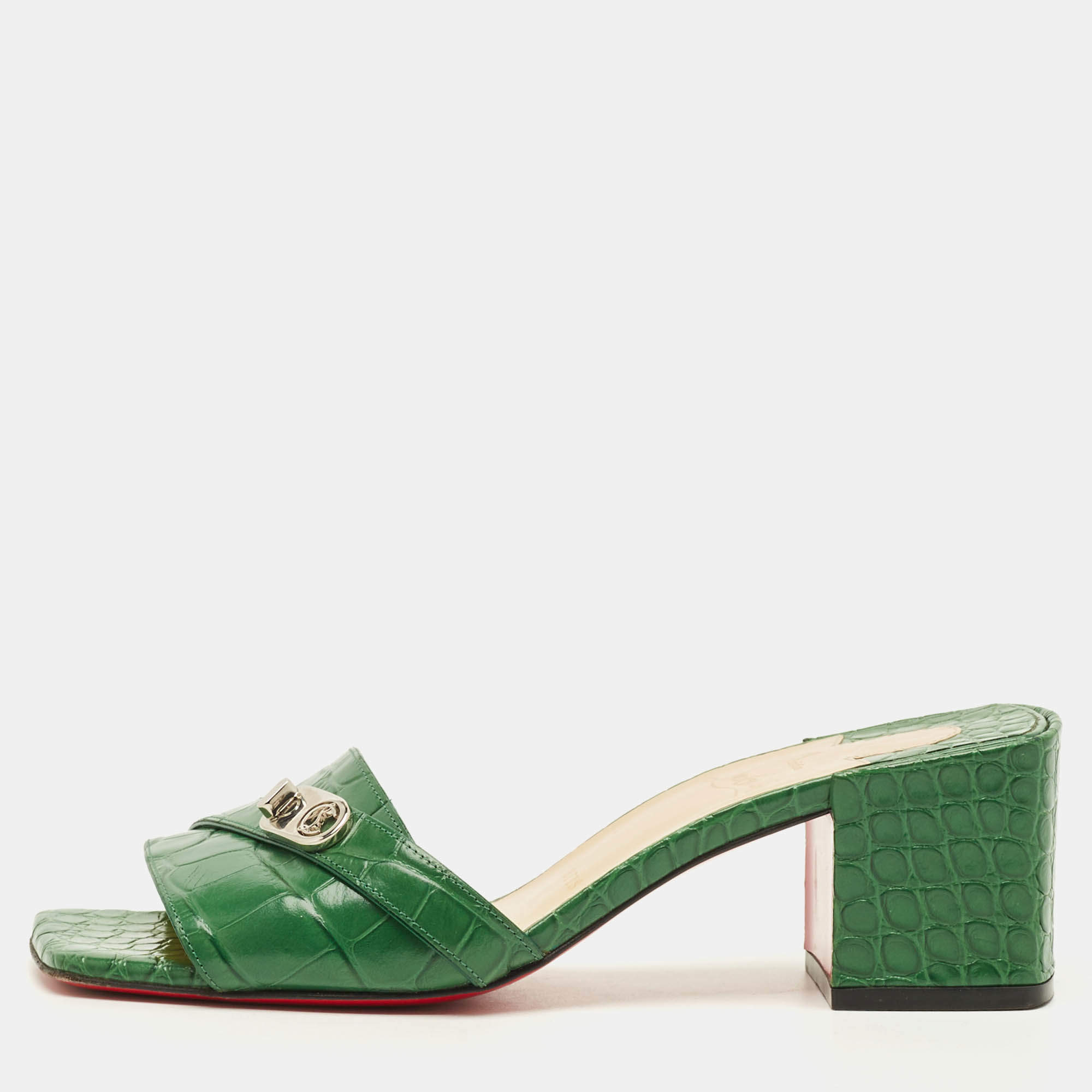 Pre Owned Christian Louboutin Size 38 Green Croc Embossed Leather Lock Art Slide Sandals