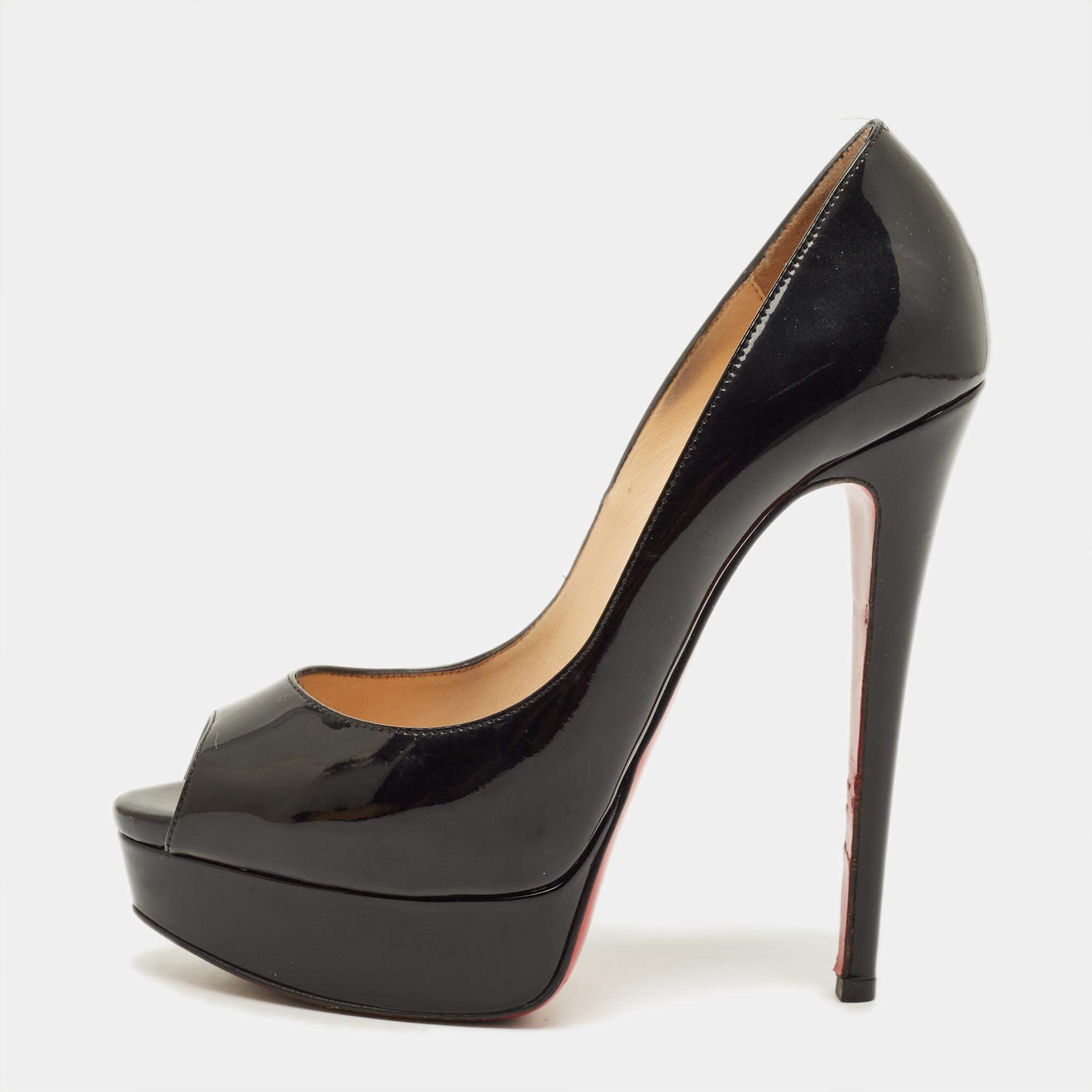 Pre Owned Christian Louboutin Lady Peep Size 37 Black Patent Leather Platform Pumps