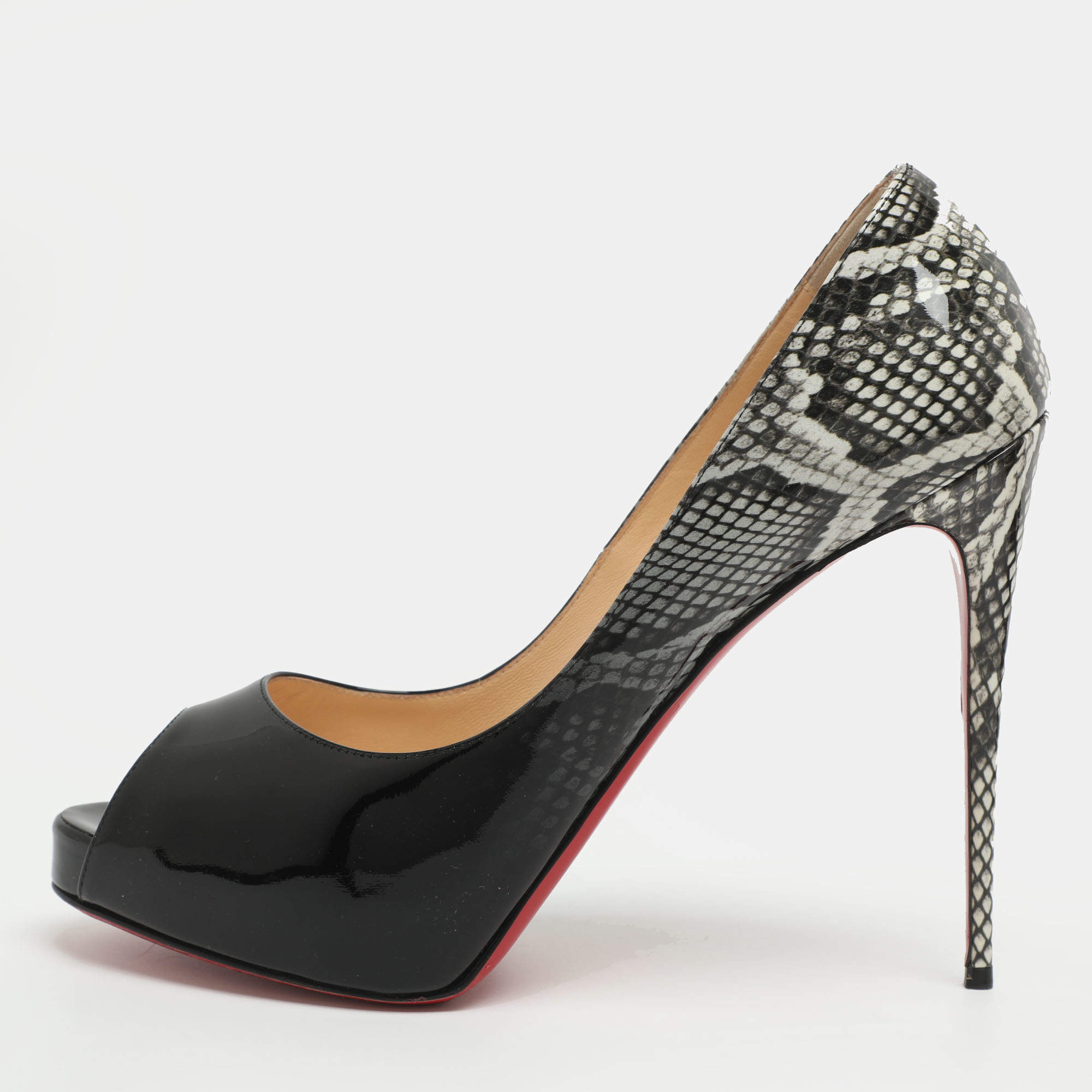 Pre Owned حذاء كعب عالي كريستيان لوبوتان نيو فيري بريف جلد ثعبان أسود/رمادي لامع مقدمة مفتوحة مقاس 42