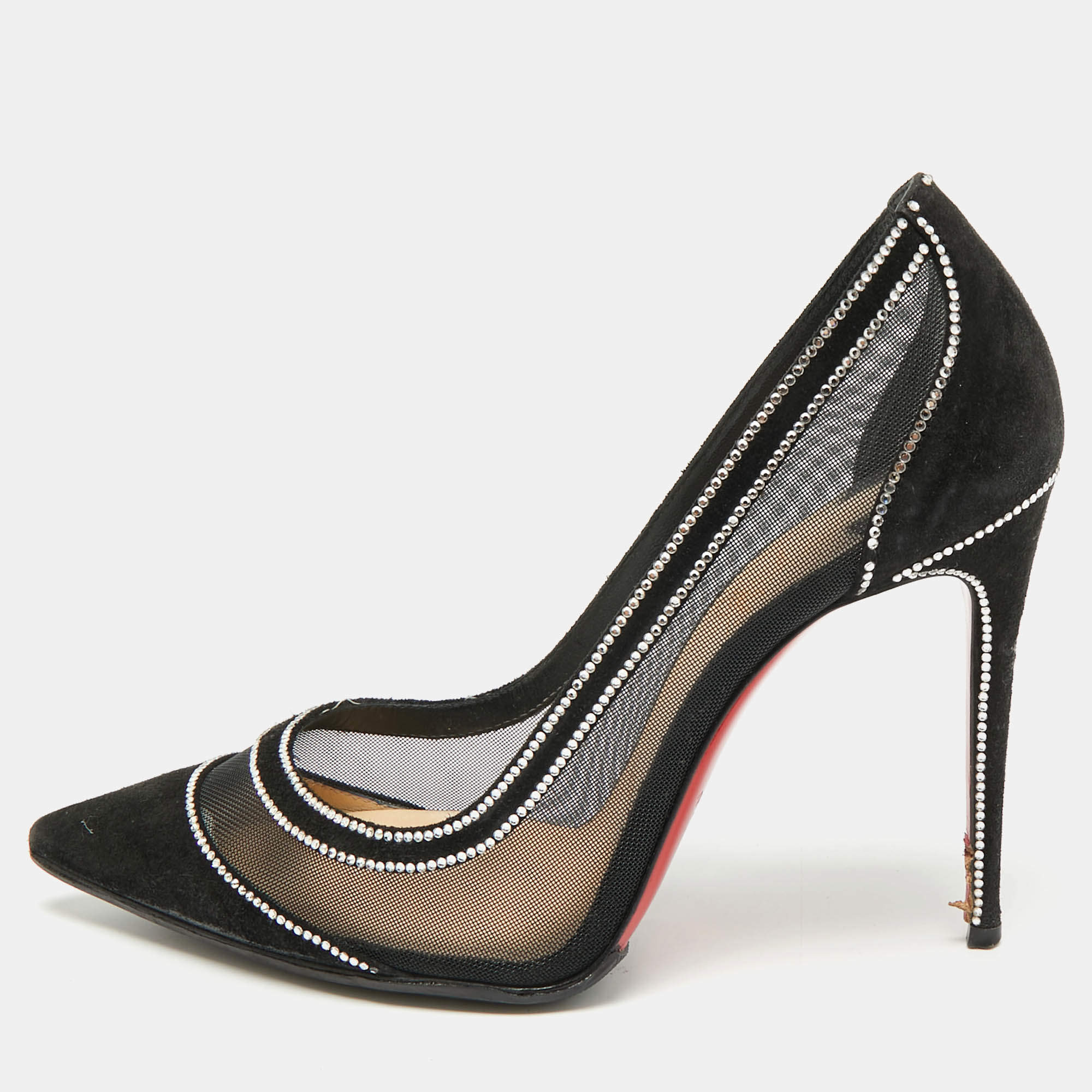 Pre Owned Christian Louboutin Galativi Strass Size 37.5 Black Crystal Embellished Mesh and Suede Pumps