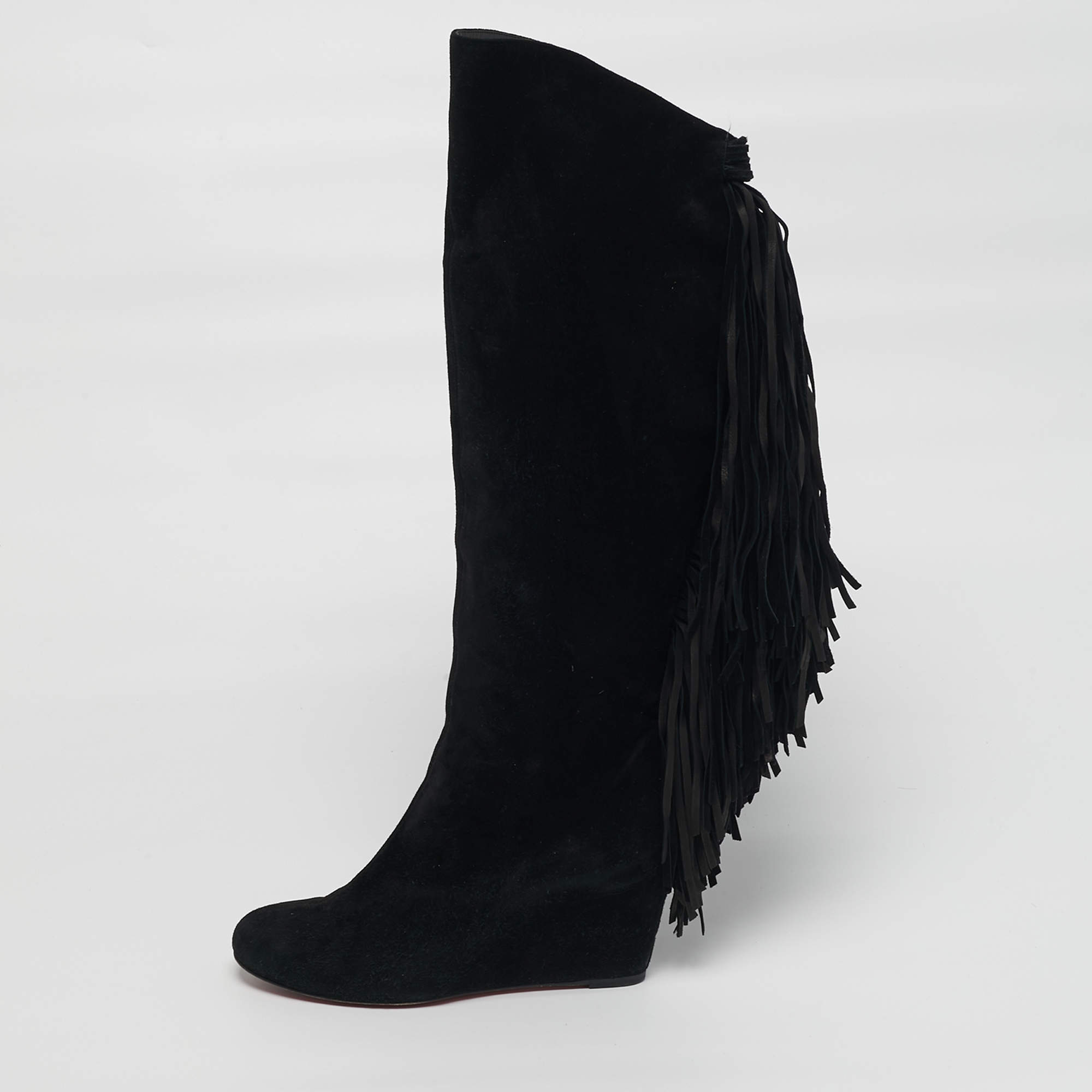 مملوكة مسبقًا Christian Louboutin Size 37 Black Suede Fringe Knee Length Boots