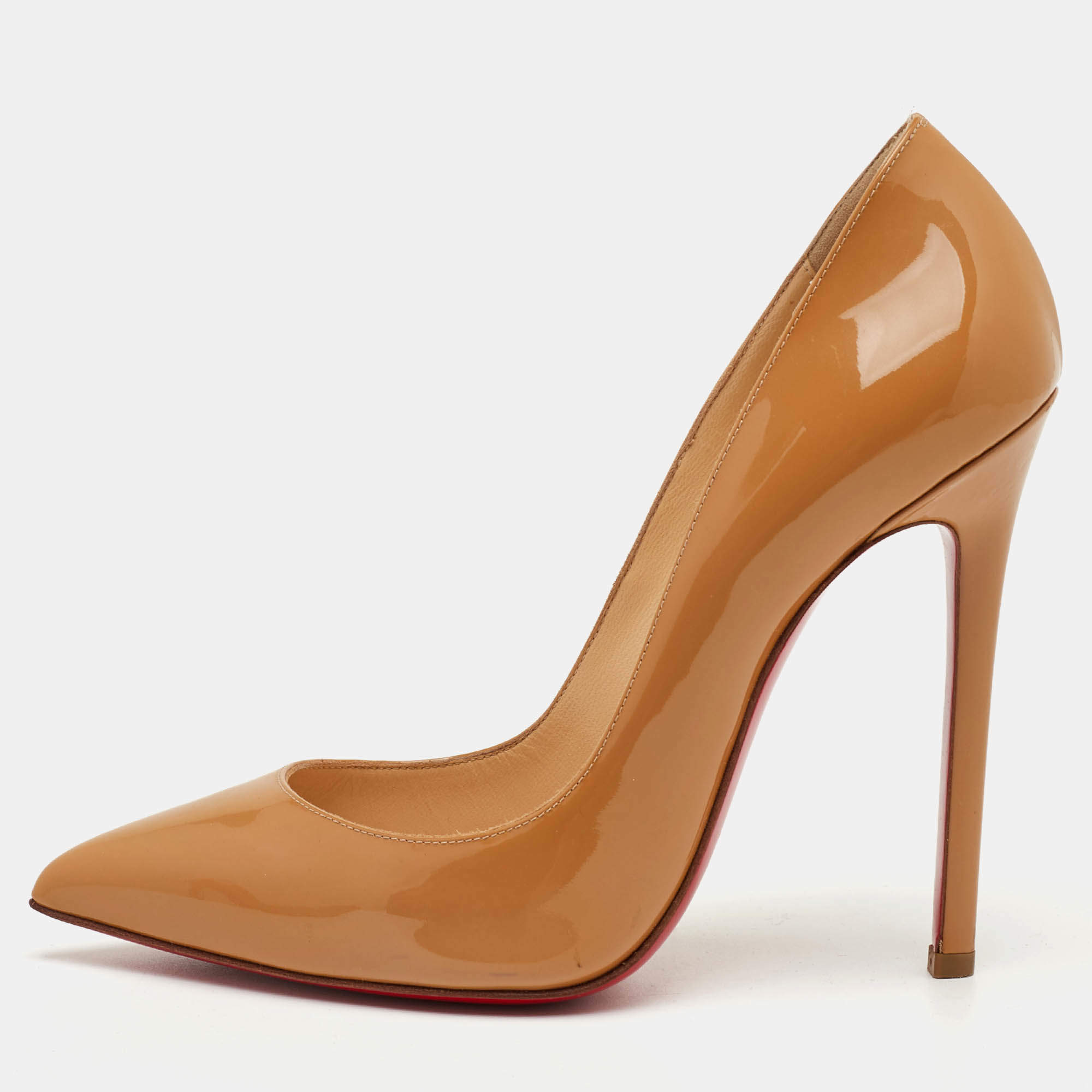 مملوكة مسبقًا حذاء كعب عالي كريستيان لوبوتان بيغالي مقدمة مدببة جلد لامع بيج مقاس 39
