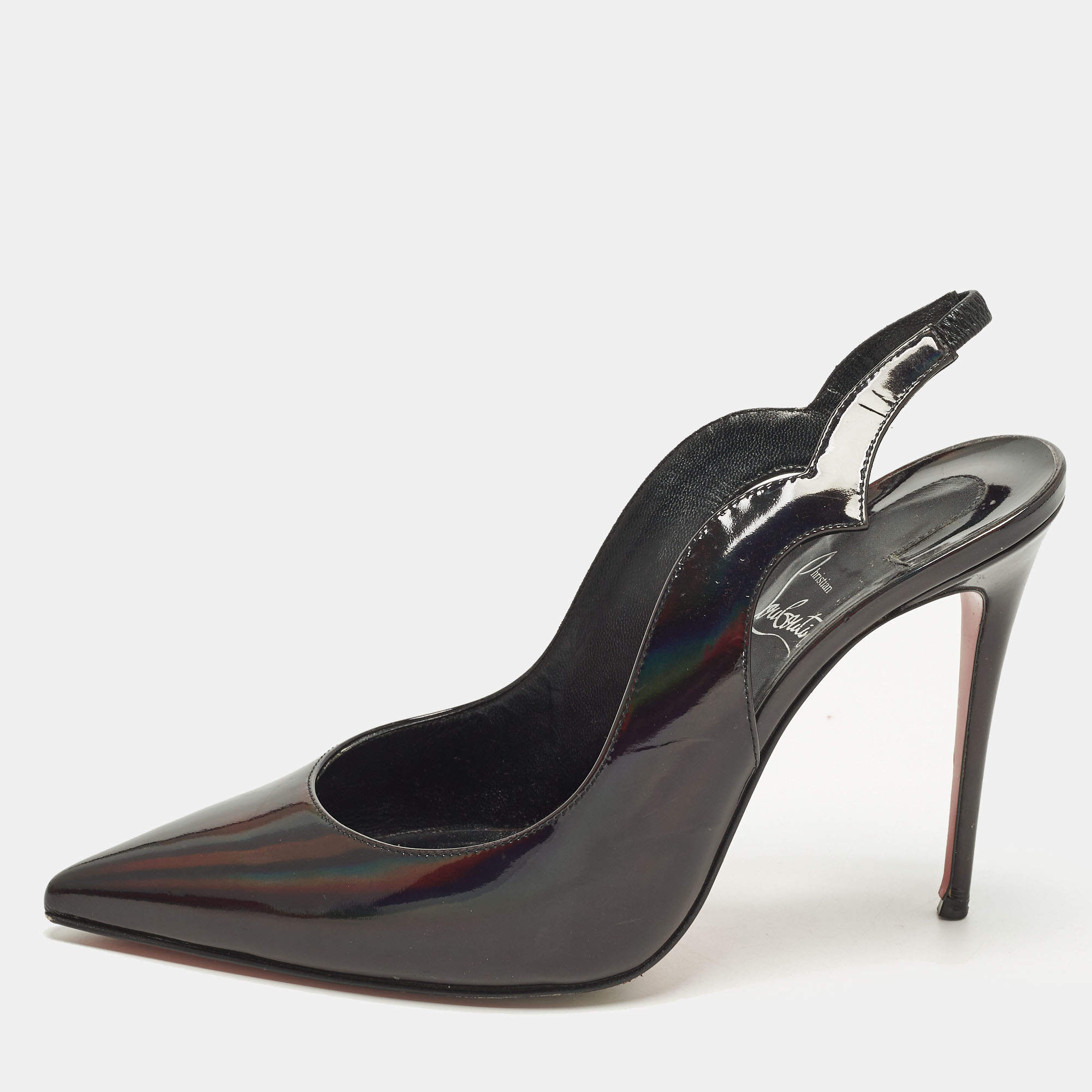 مملوكة مسبقًا Christian Louboutin Hot Chick Size 38 Black Patent Leather Slingback Pumps