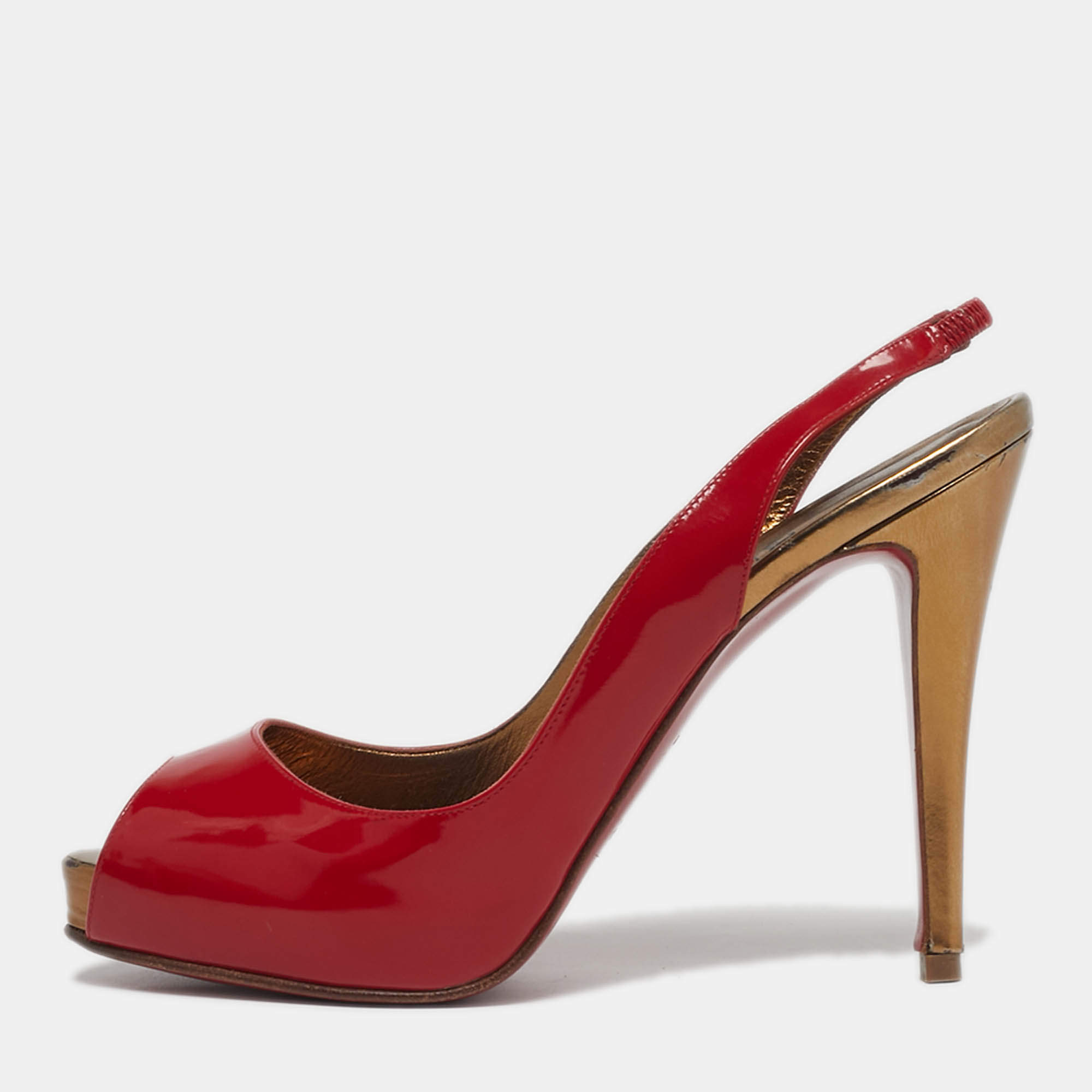 Pre Owned Christian Louboutin Lady Peep Size 38.5 Red Patent Leather Pumps