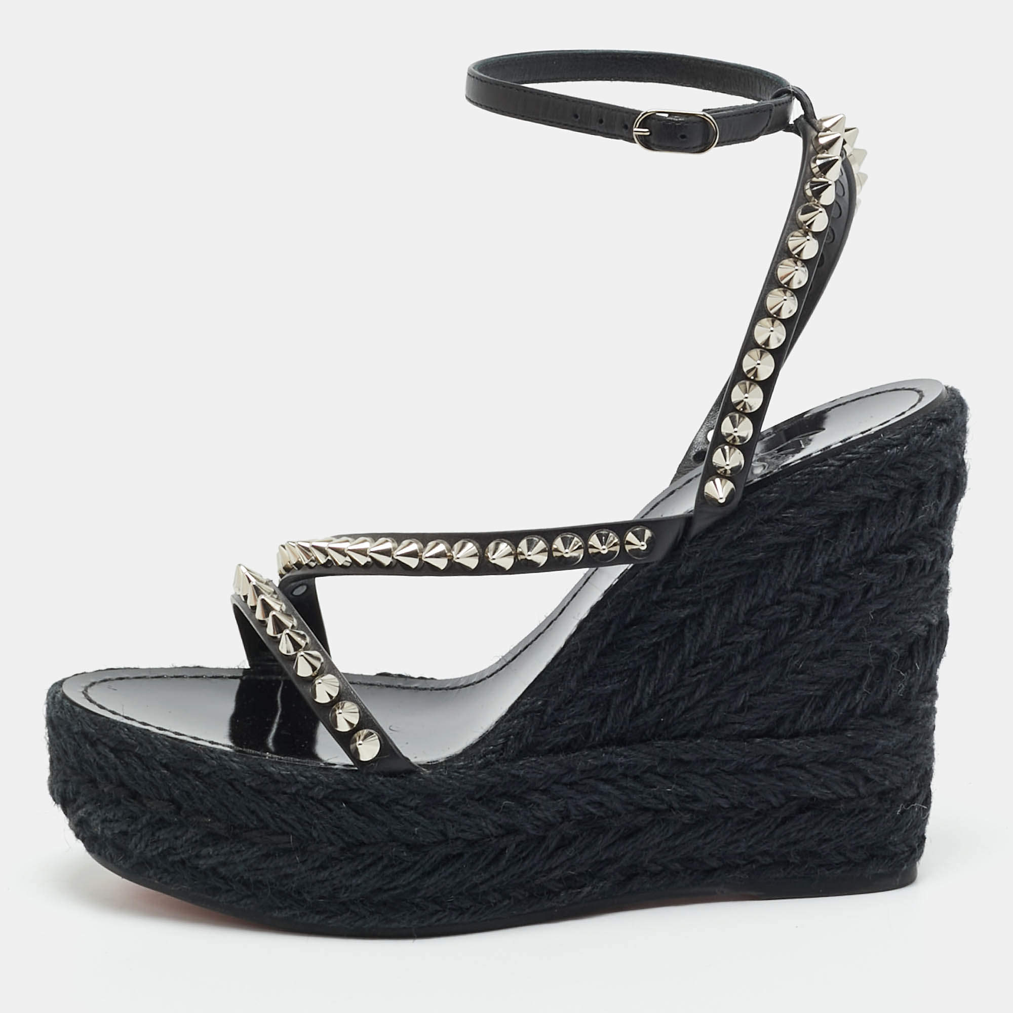 Pre Owned Christian Louboutin Mafaldina Size 39 Black Leather Spike Espadrille Wedge Sandals