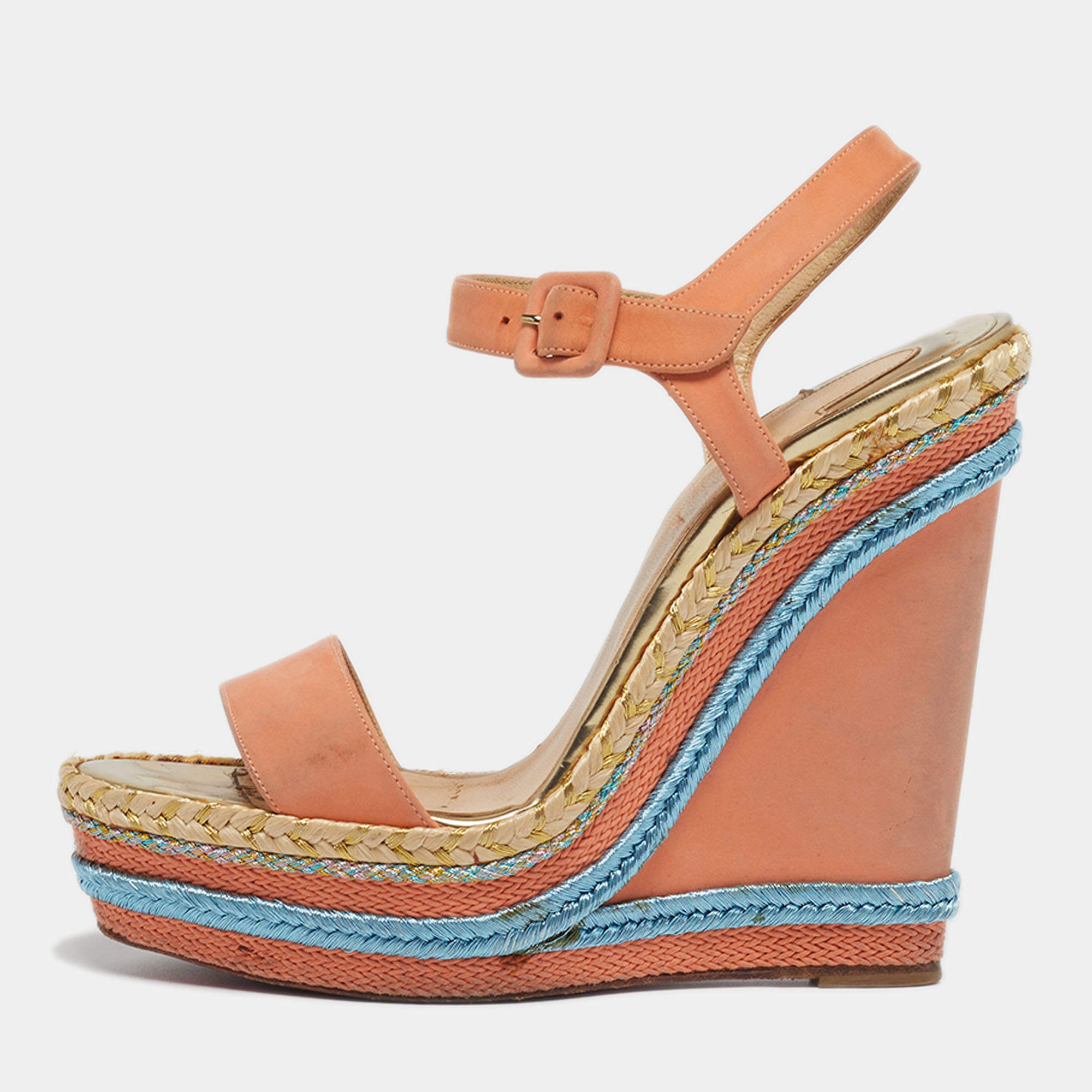 مملوكة مسبقًا Christian Louboutin Pyraclou Size 39 Pink Nubuck Leather Wedge Sandals