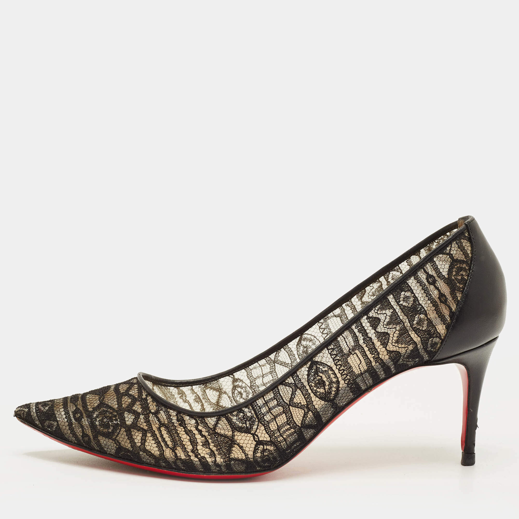 Pre Owned Christian Louboutin Saramor Size 38 Black Lace and Leather Pumps