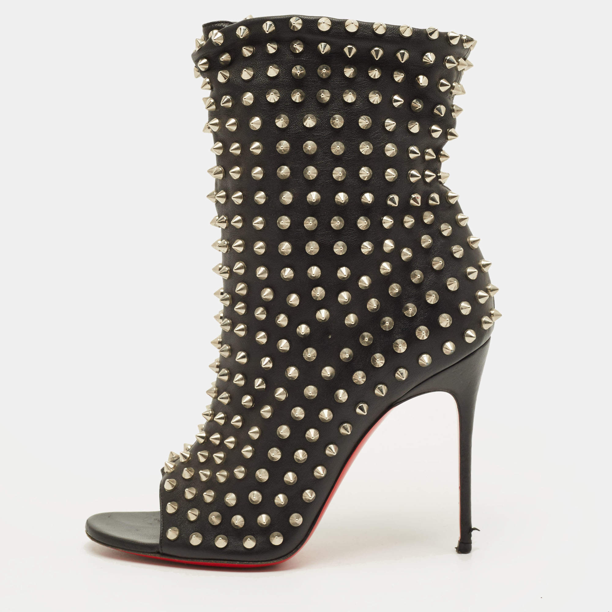 مملوكة مسبقًا Christian Louboutin Guerilla Size 38 Black Leather Spike Open Toe Slouchy Ankle Length Boots