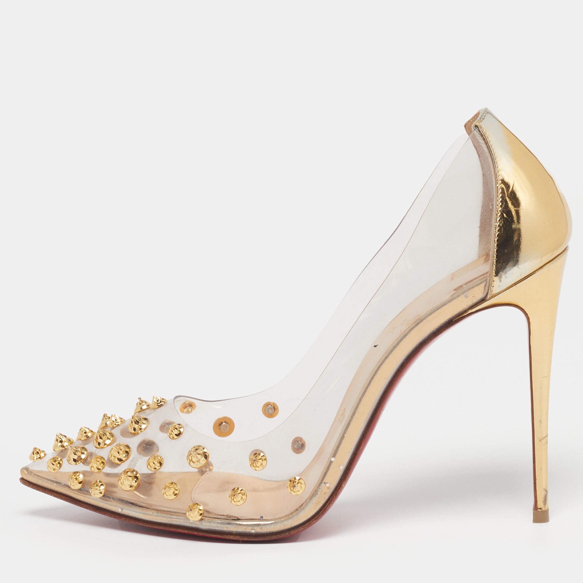 Pre Owned Christian Louboutin Collaclou Spiked Size 38 Transparent/Gold PVC and Leather Pointed Toe Pumps