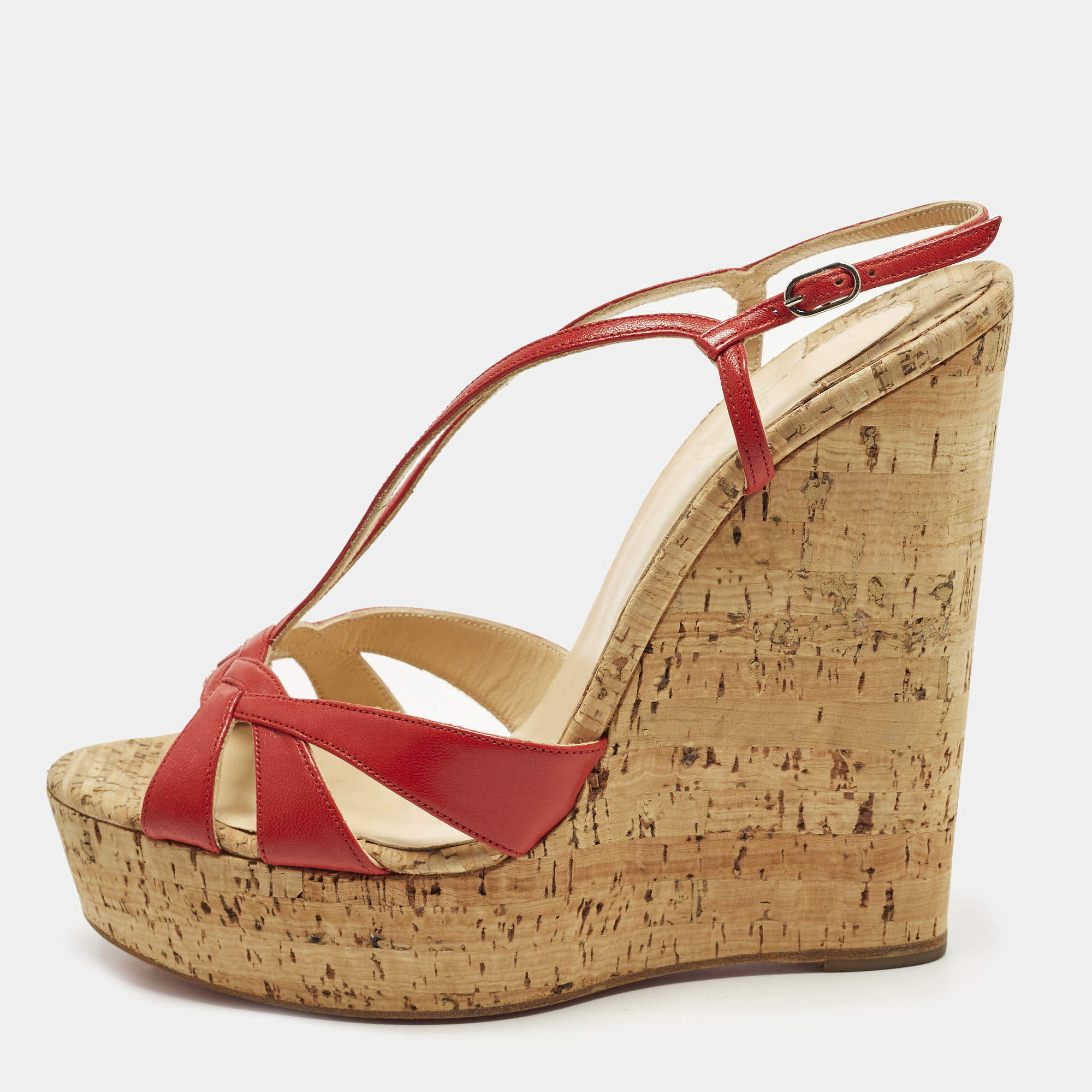 Pre Owned Christian Louboutin Size 40 Red Leather Strappy Cork Wedge Sandals