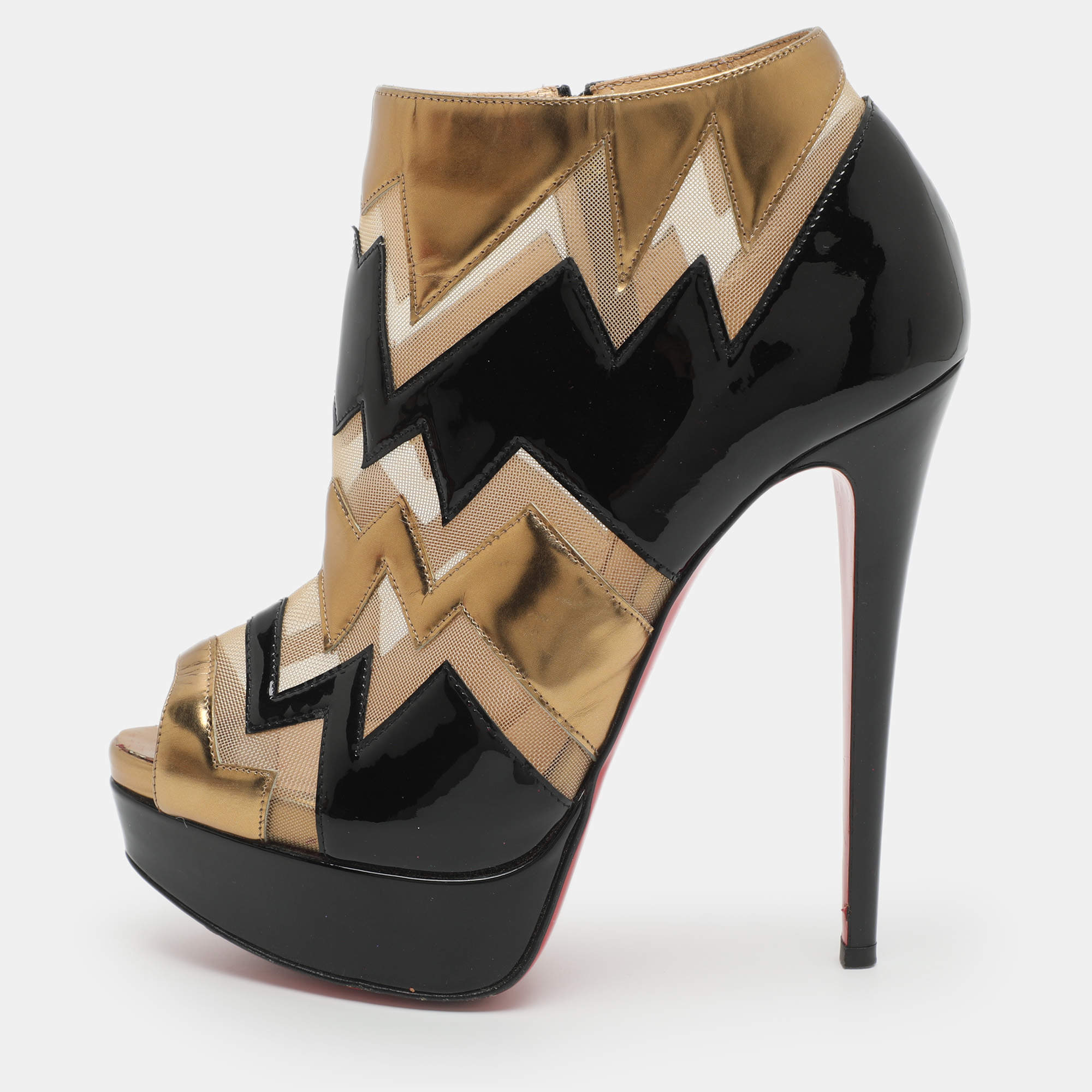 Pre Owned Christian Louboutin Ziggy Size 36 Beige Mesh and Patent Leather Booties