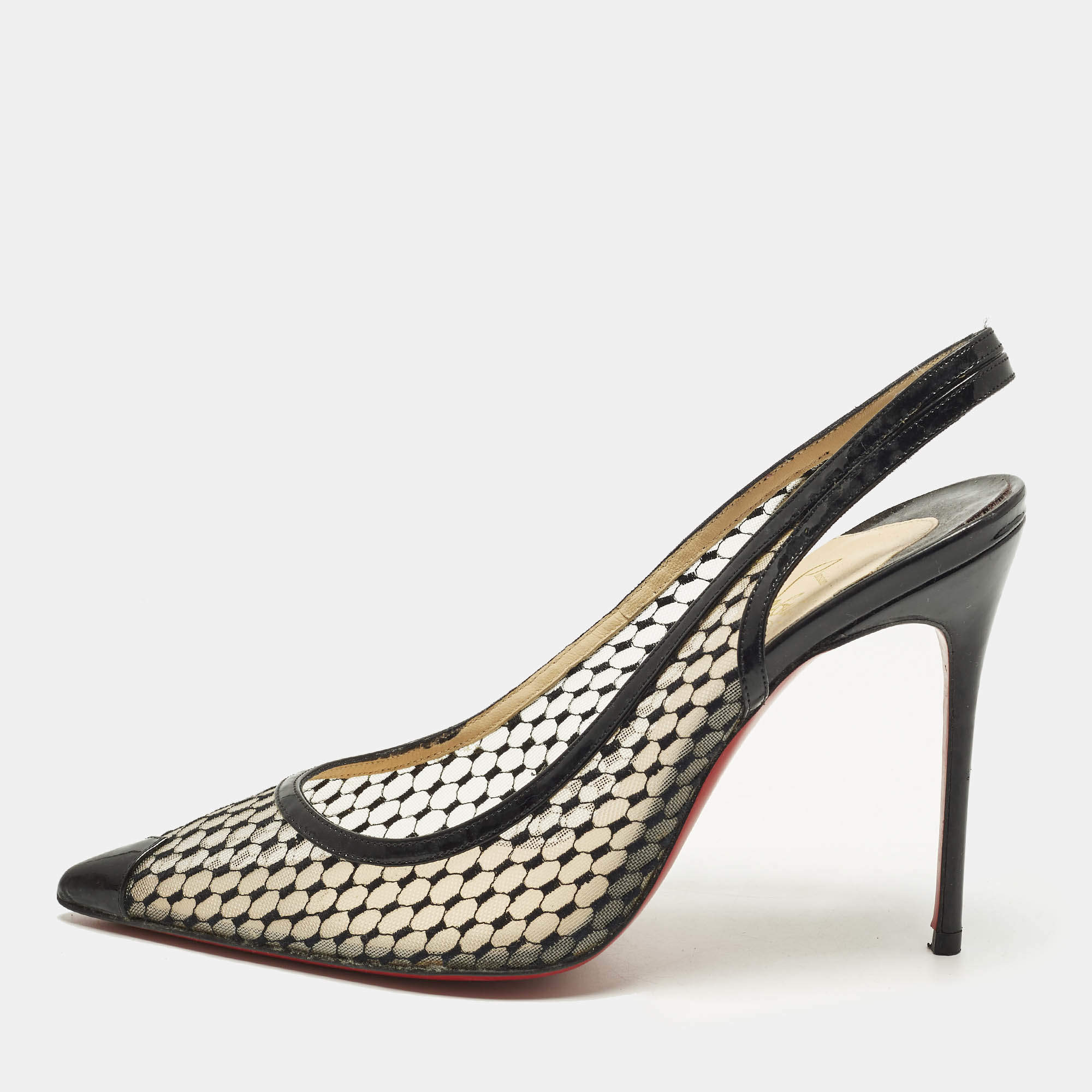 مملوكة مسبقًا Christian Louboutin Size 38.5 Black Patent Leather and Mesh Slingback Pumps