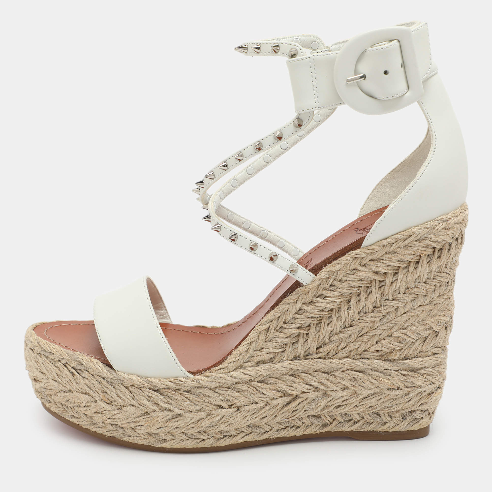 Pre Owned Christian Louboutin Chocazeppa Size 38 White Leather Wedge Sandals 