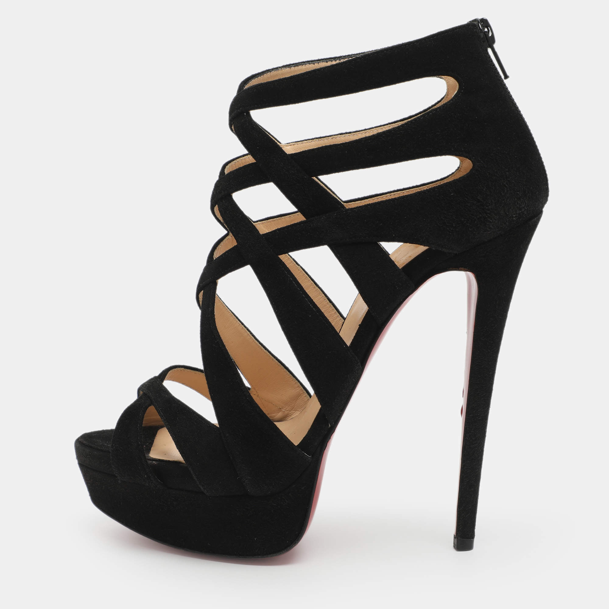 Pre Owned Christian Louboutin Fernando Size 38.5 Black Suede Cage Sandals