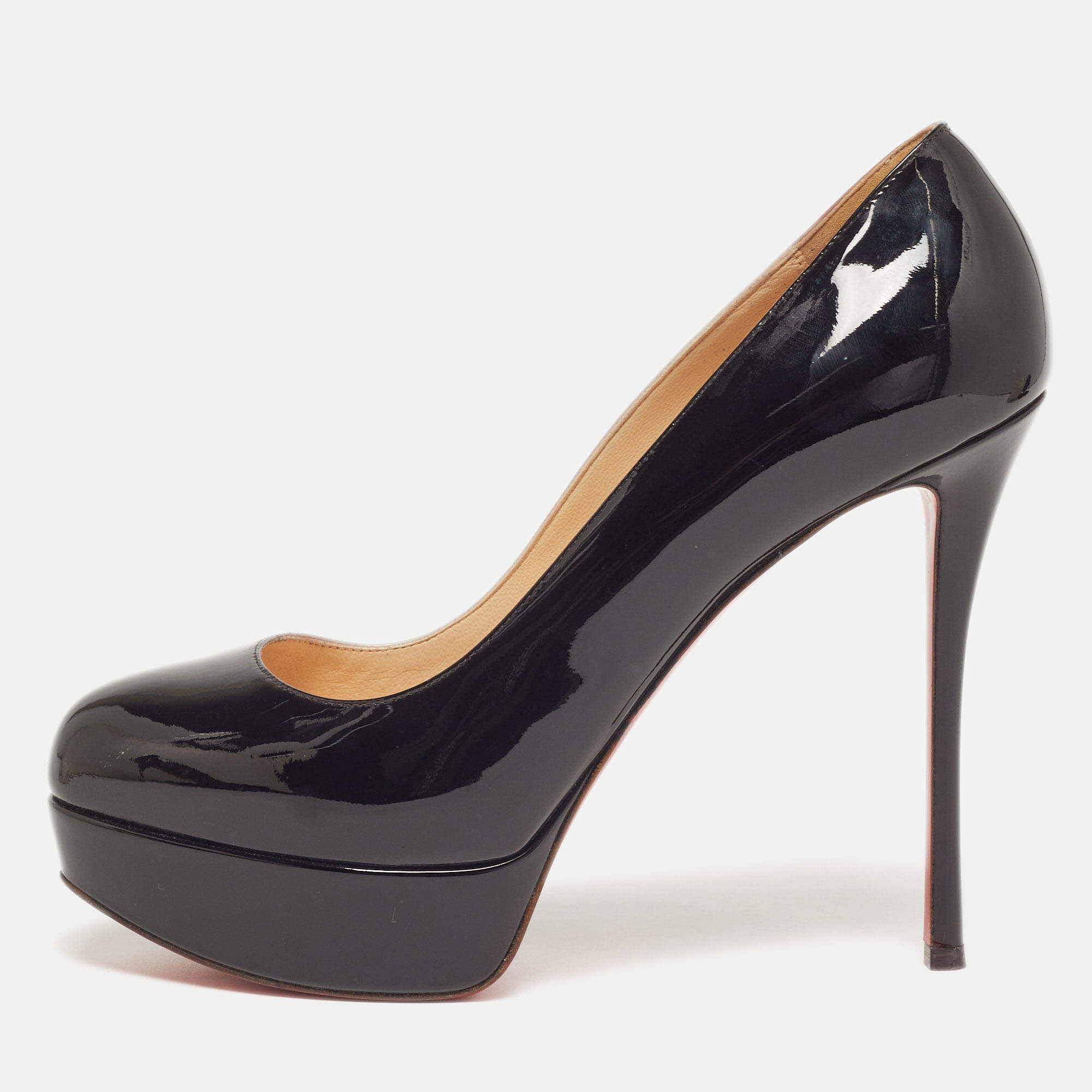 Pre Owned Christian Louboutin Bianca Size 38.5 Black Patent Leather Platform Pumps