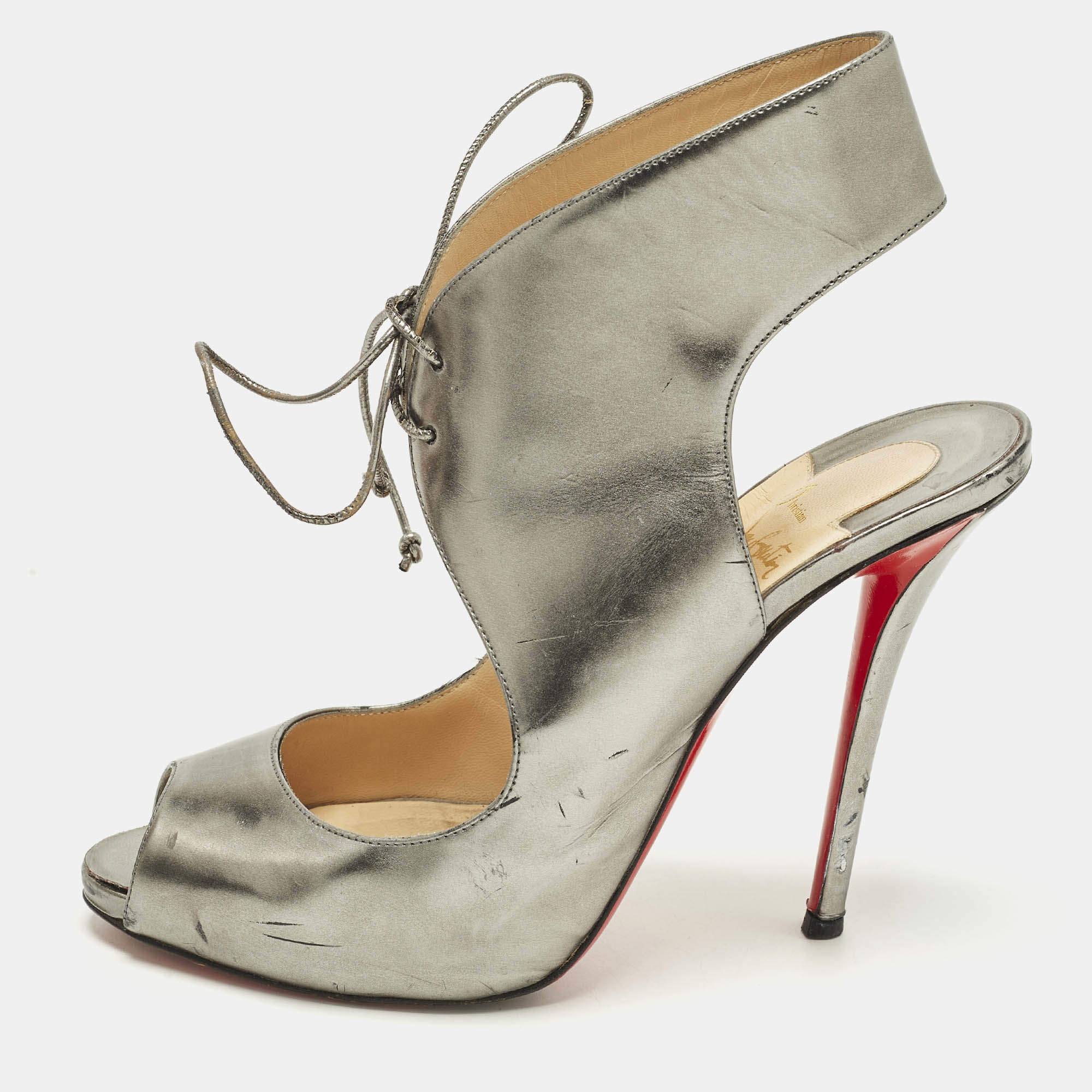 Pre Owned Christian Louboutin Size 40 Silver Leather Peep Toe Sandals