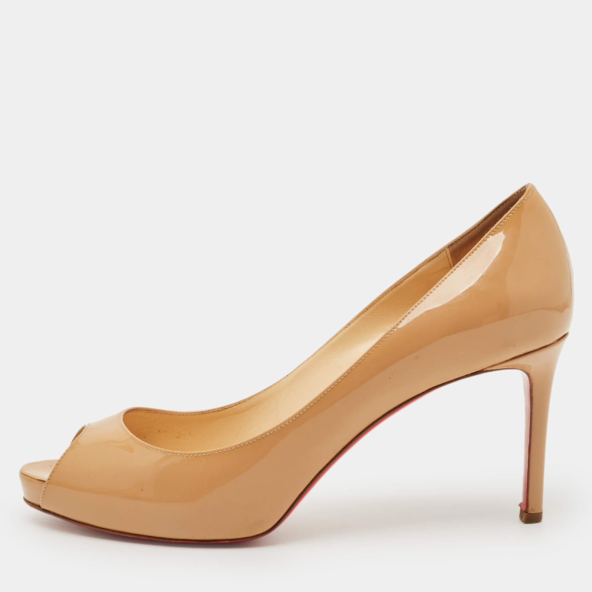 Pre Owned Christian Louboutin New Very Prive Size 40 Beige Patent Leather Peep Toe Pumps