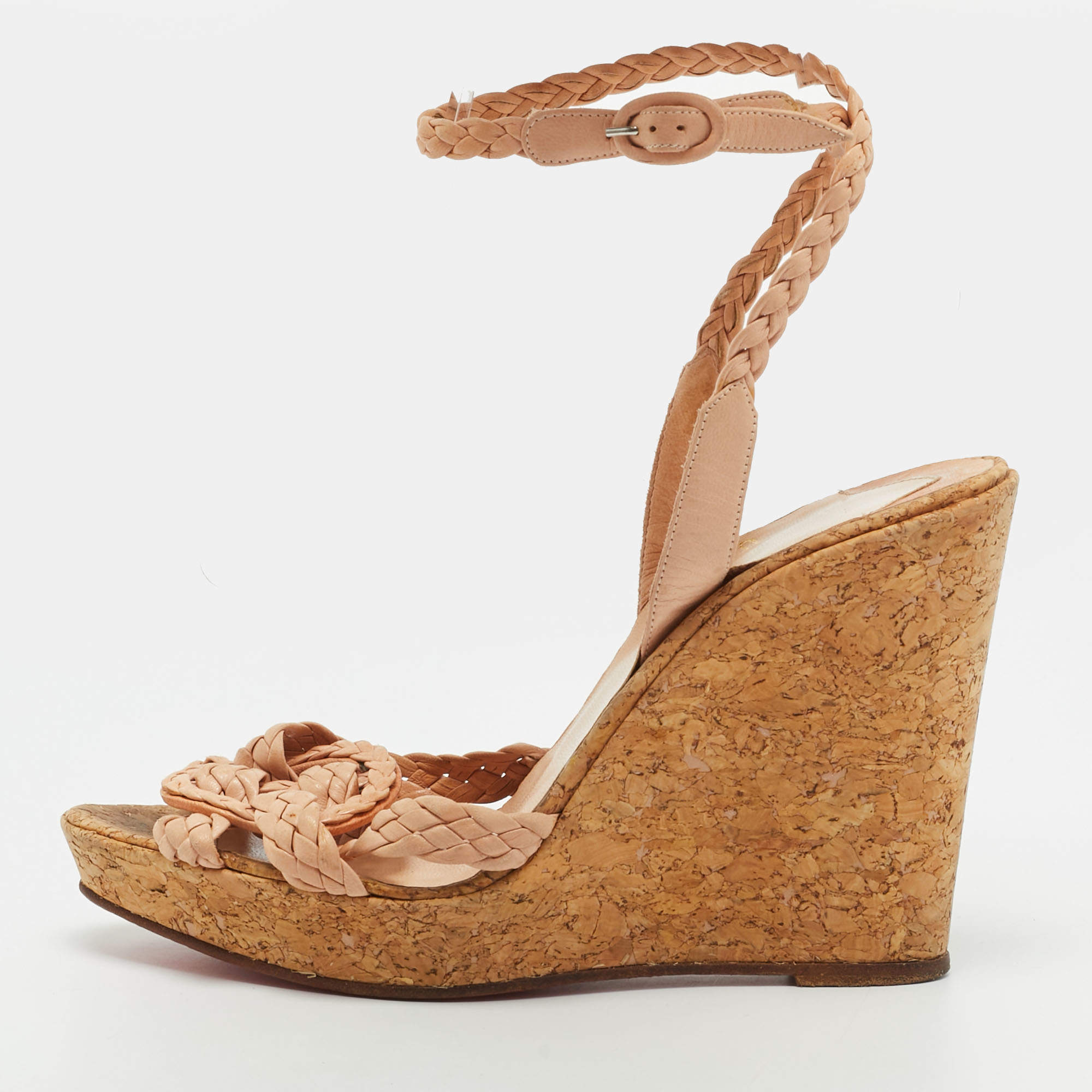 Pre Owned صندل كريستيان لوبوتان ماريلو مقاس 39 جلد مضفر بلون بيج مع حزام للكاحل وكعب مكسو بالفلين