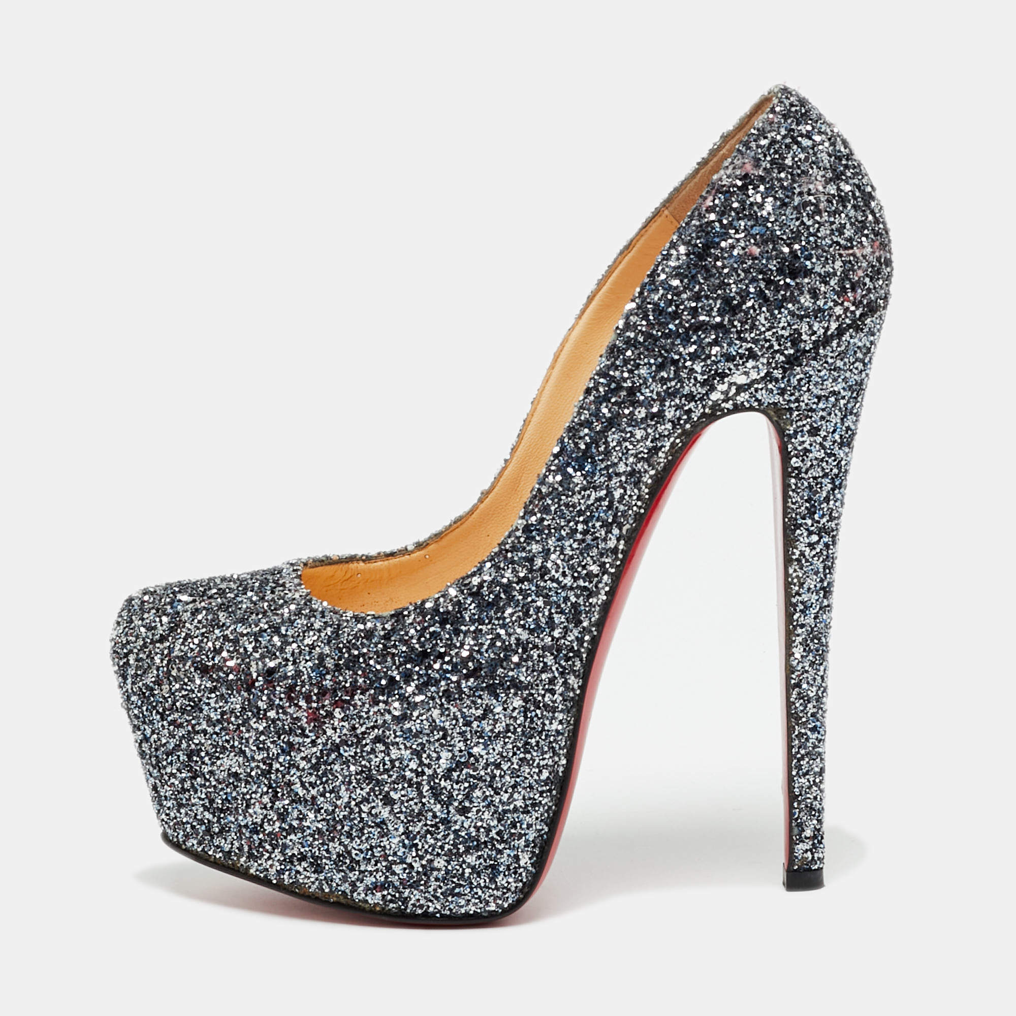 Pre Owned Christian Louboutin Daffodile Size 36 Silver Glitter Platform Pumps