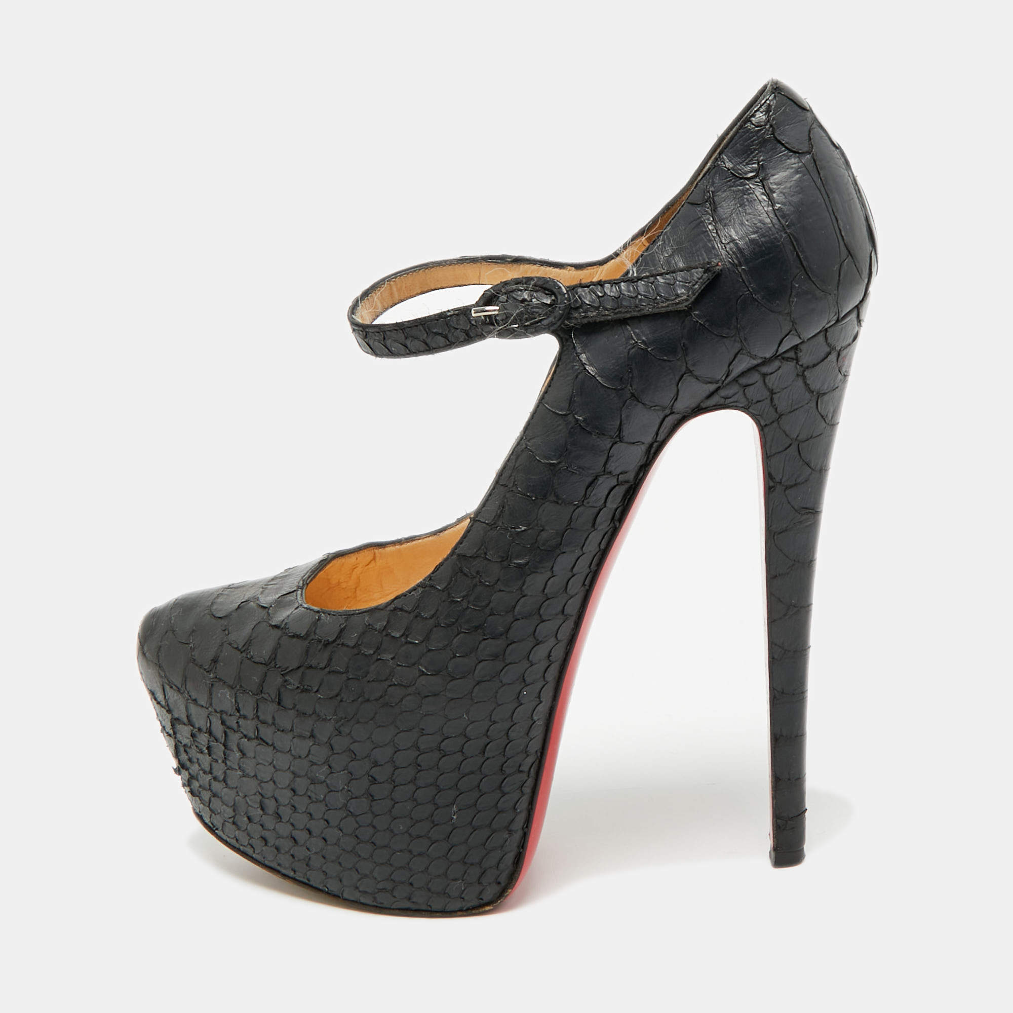 Pre Owned Christian Louboutin Lady Daf Size 37 Black Python Leather Platform Pumps