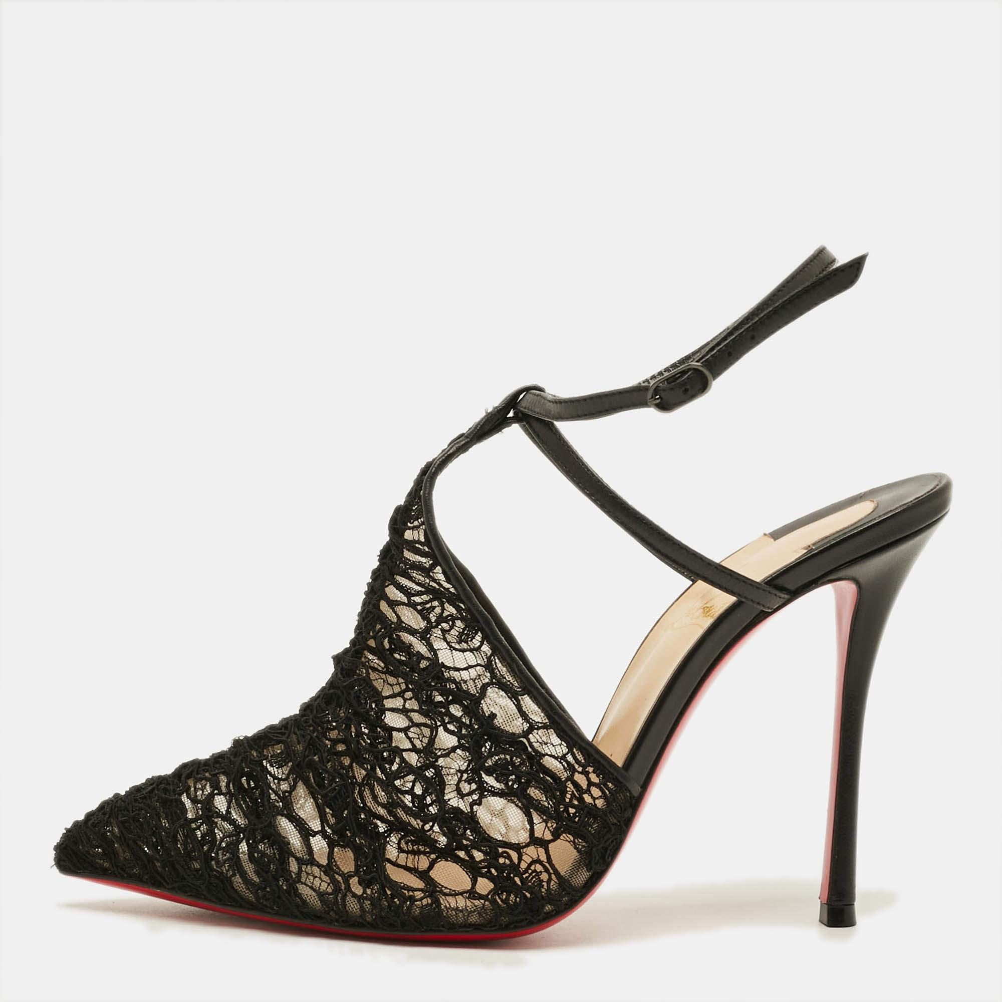 Pre Owned Christian Louboutin  Size 38.5 Black Acide Lace and Leather Flocked Tulle Ankle-Strap Pumps