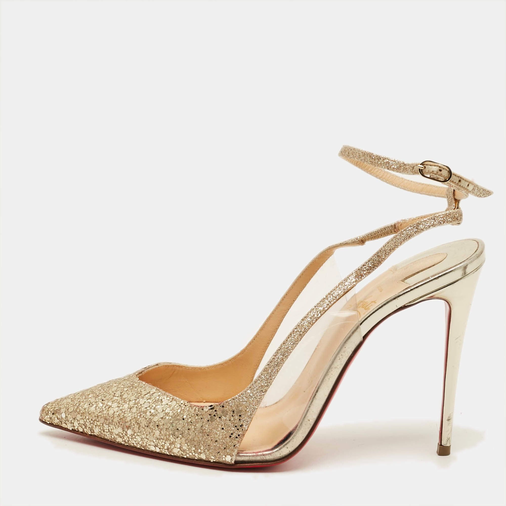 Pre Owned Christian Louboutin optisexy 70 Size 37 Transparent Glitter and PVC Slingback Ankle Strap Pumps